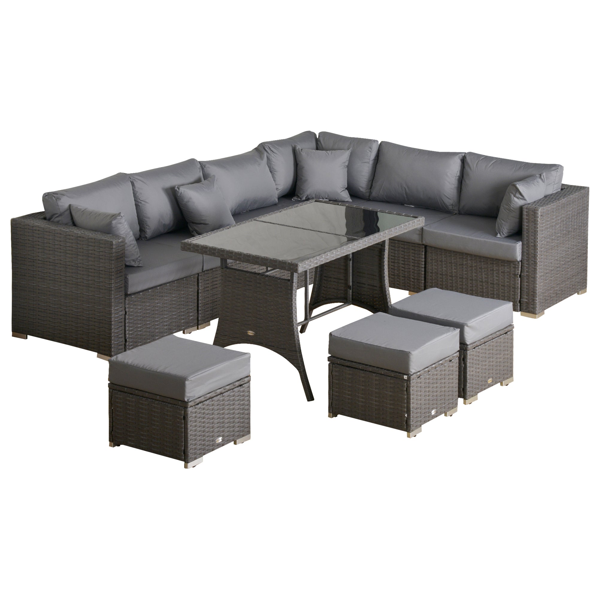 10-Piece Garden Furniture Set, Poly Rattan Seating Group for Garden and Terrace, Modular Design, with Seat and Back Cushions, Throw Pillows, Rust-Resistant Metal Frame, Dark Grey