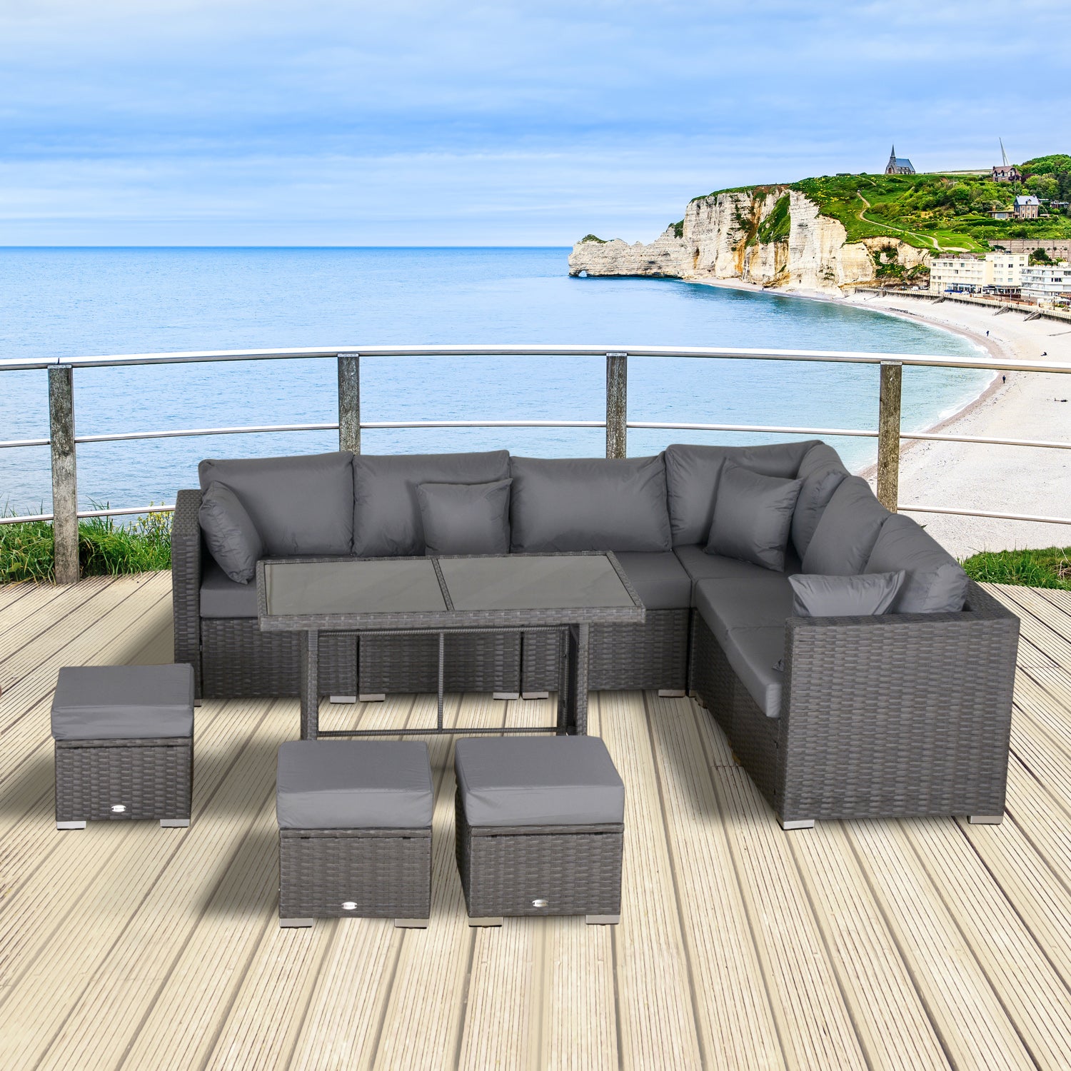 10-Piece Garden Furniture Set, Poly Rattan Seating Group for Garden and Terrace, Modular Design, with Seat and Back Cushions, Throw Pillows, Rust-Resistant Metal Frame, Dark Grey