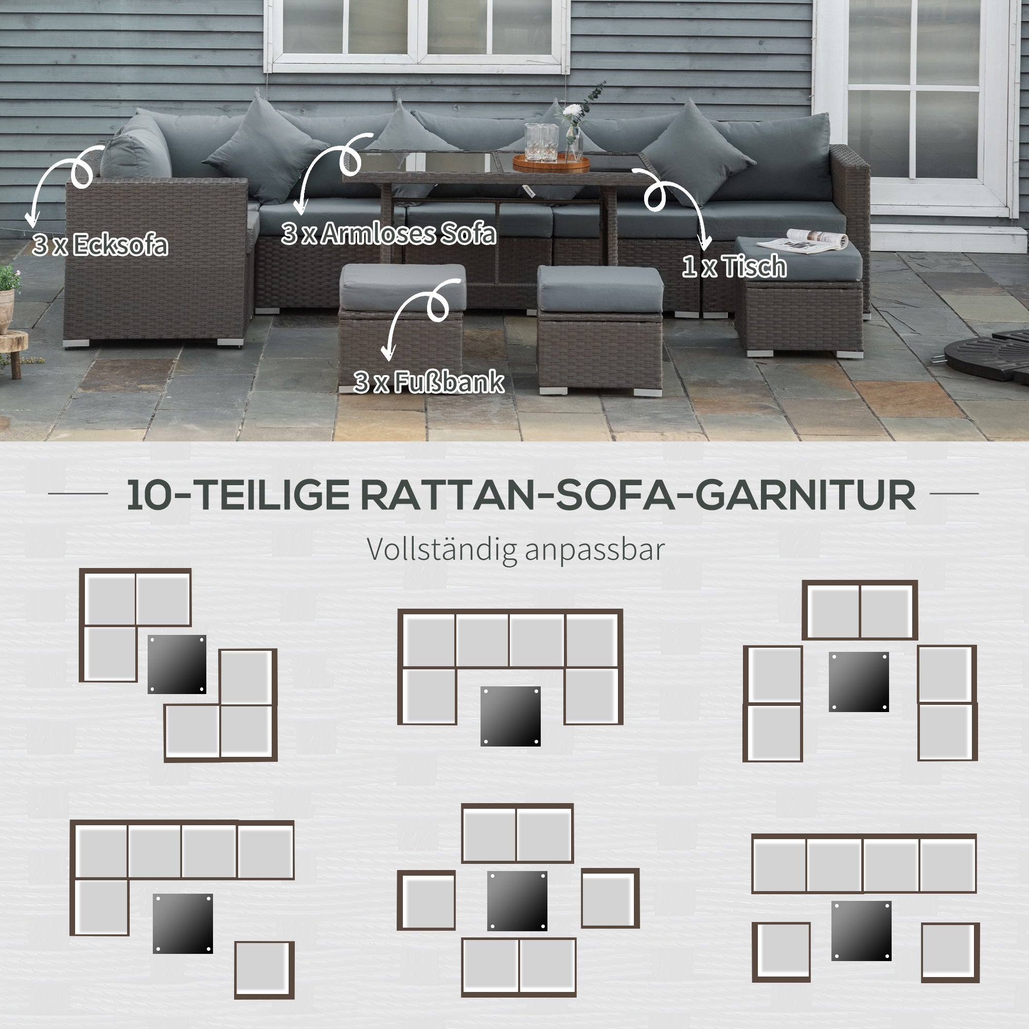 10-Piece Garden Furniture Set, Poly Rattan Seating Group for Garden and Terrace, Modular Design, with Seat and Back Cushions, Throw Pillows, Rust-Resistant Metal Frame, Dark Grey