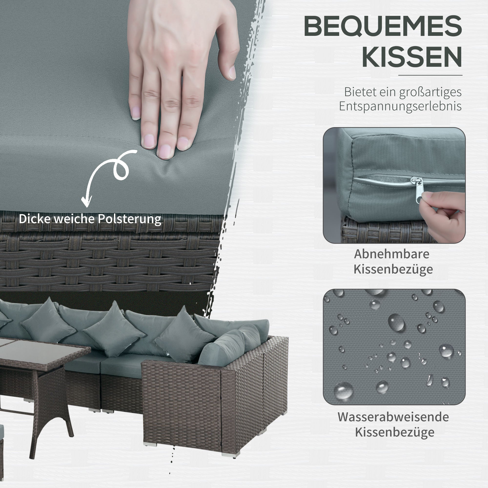 10-Piece Garden Furniture Set, Poly Rattan Seating Group for Garden and Terrace, Modular Design, with Seat and Back Cushions, Throw Pillows, Rust-Resistant Metal Frame, Dark Grey