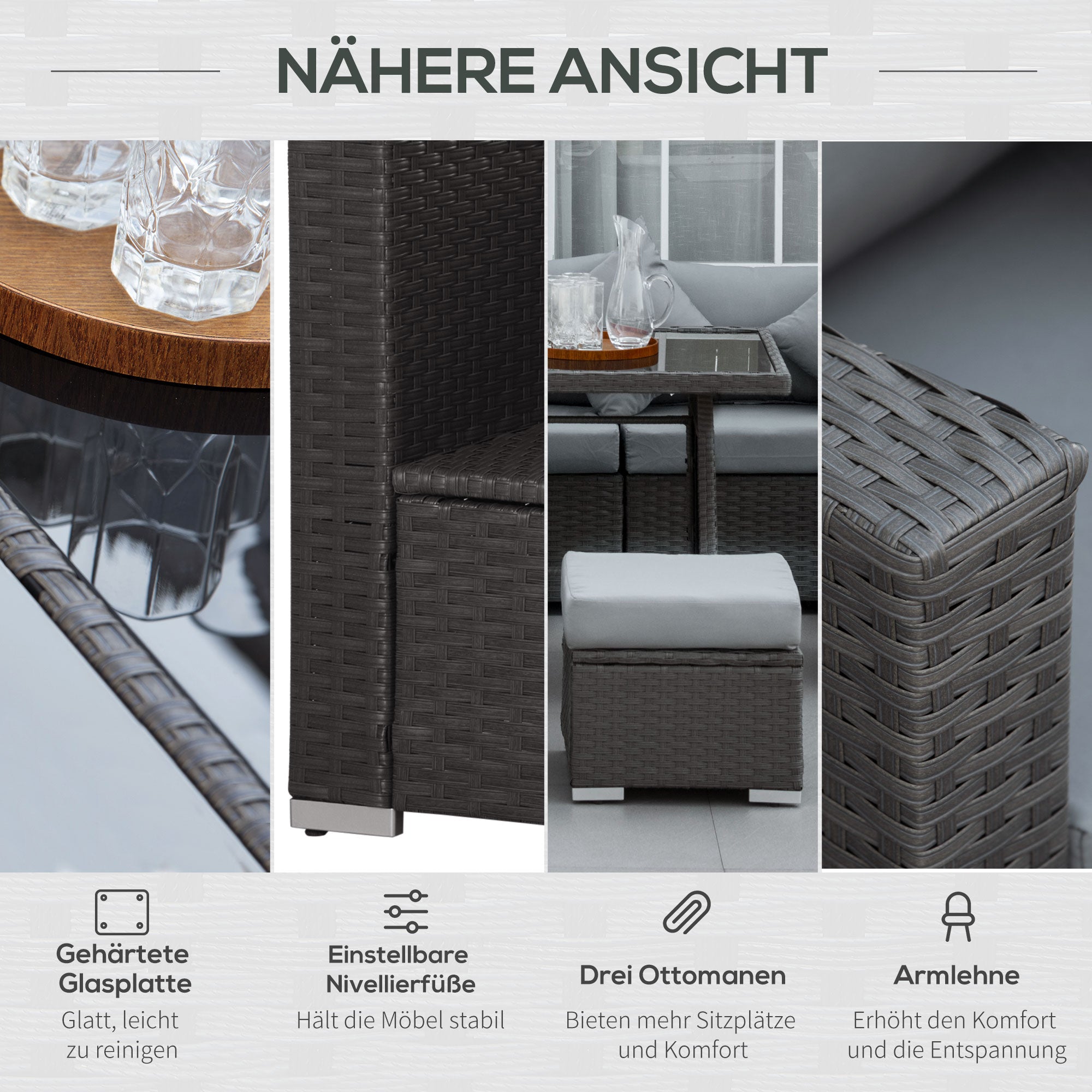 10-Piece Garden Furniture Set, Poly Rattan Seating Group for Garden and Terrace, Modular Design, with Seat and Back Cushions, Throw Pillows, Rust-Resistant Metal Frame, Dark Grey