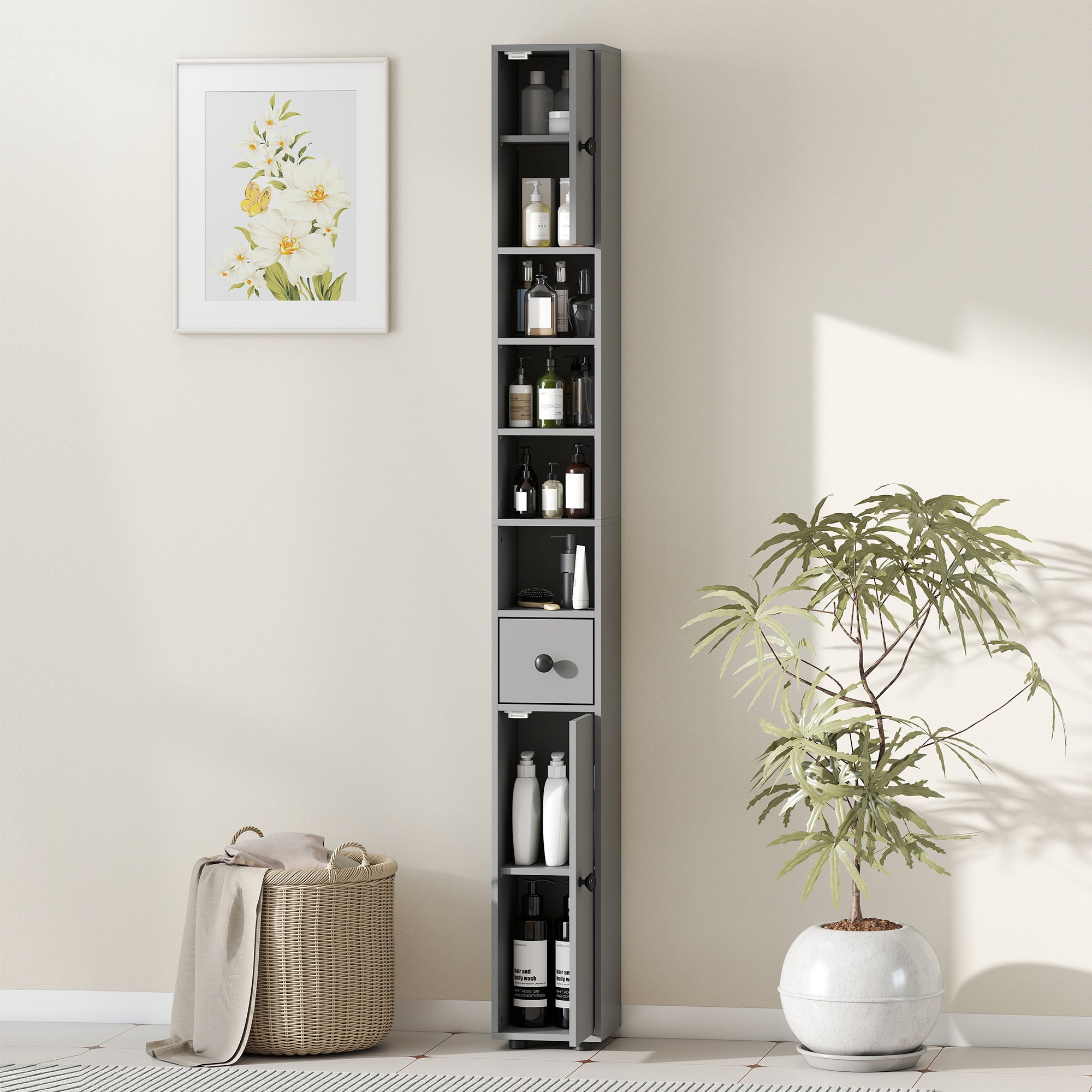 Slim Tall Bathroom Cabinet with Drawer & 4 Open Shelves, Gray (7.9 x 7.9 x 70.9 in)