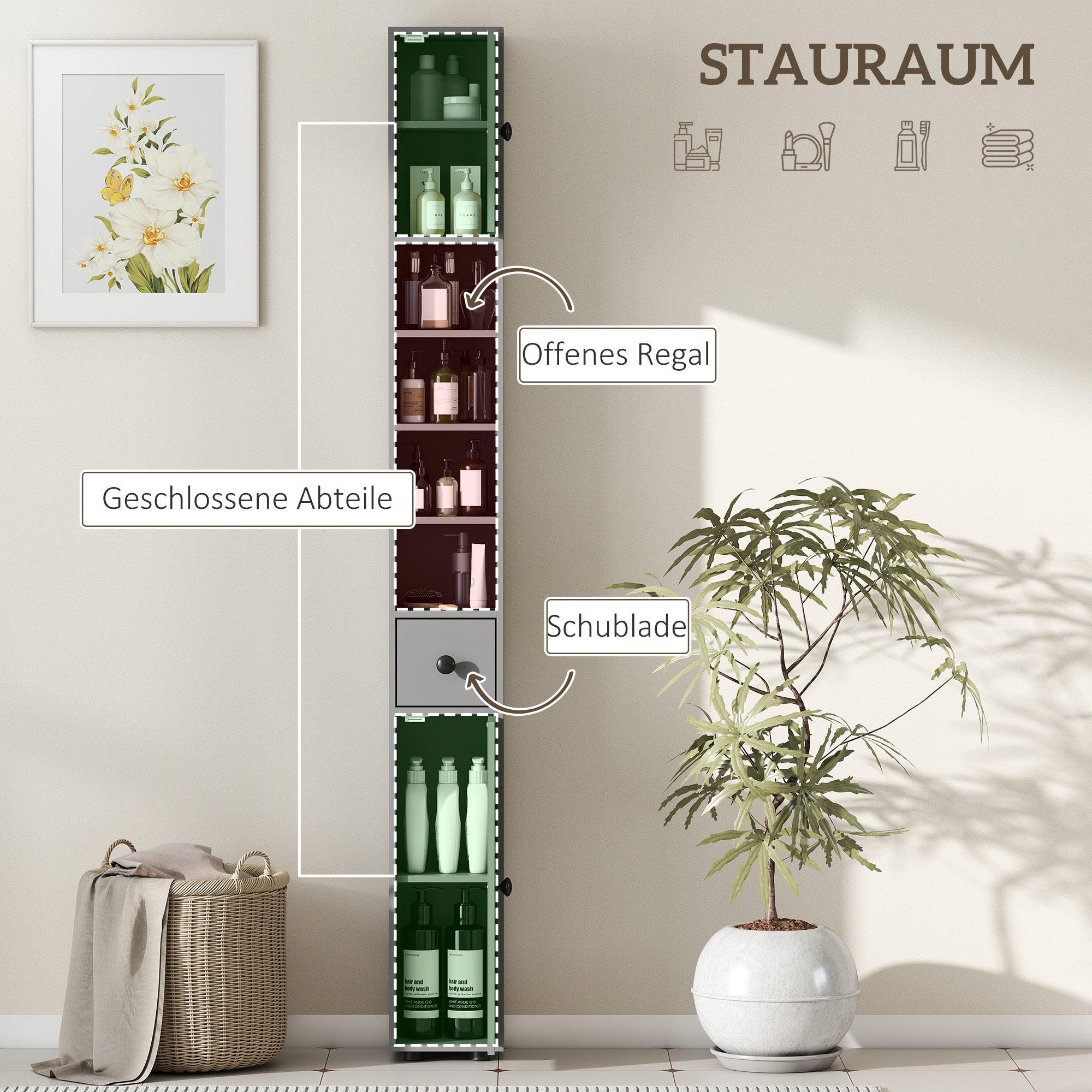 Slim Tall Bathroom Cabinet with Drawer & 4 Open Shelves, Gray (7.9 x 7.9 x 70.9 in)