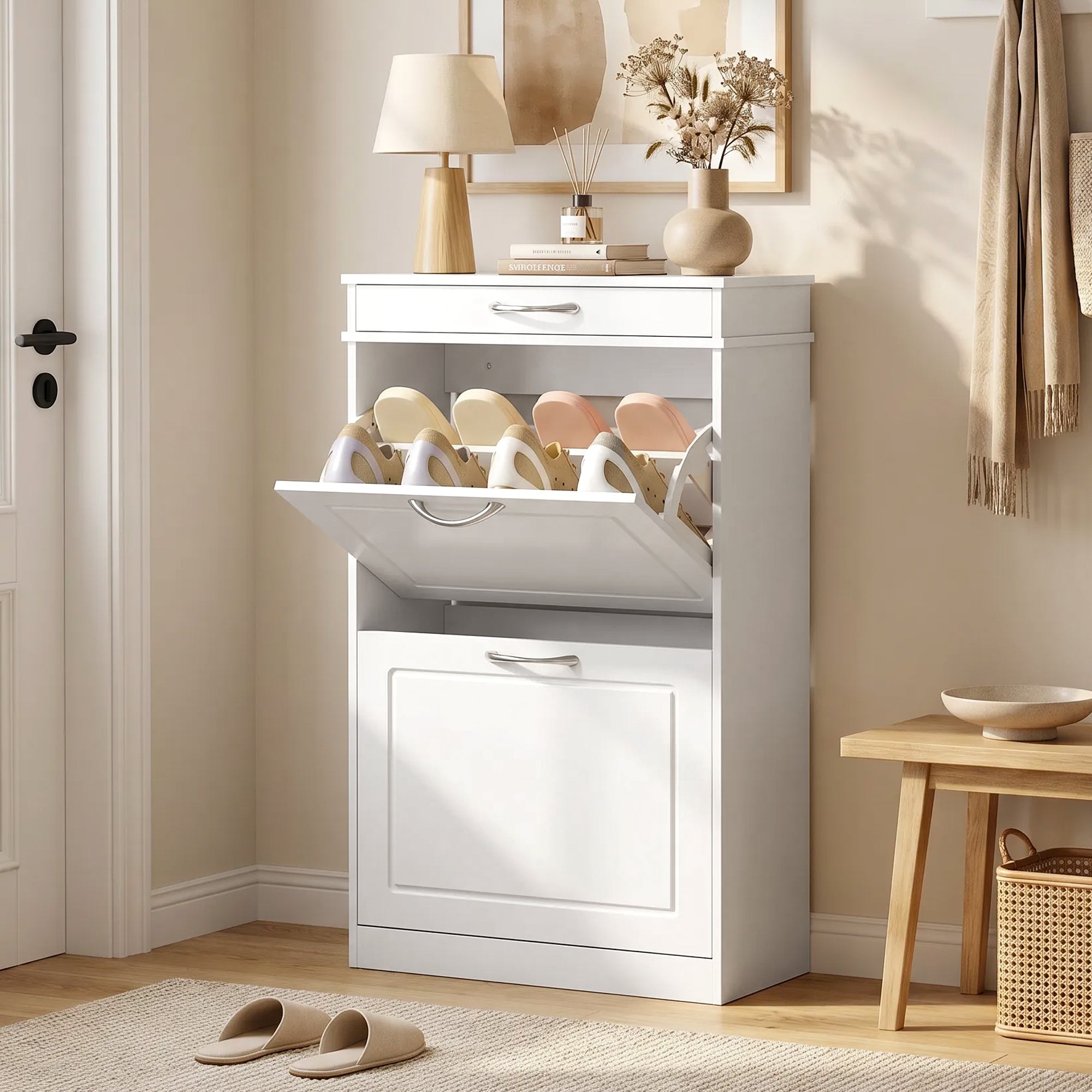 Shoe Cabinet for 8 Pairs — Slim Entryway Cabinet with Drawer, 2 Flip Doors & Adjustable Shelf, 53 x 26.5 x 89 cm (20.9 x 10.4 x 35.0 in), White