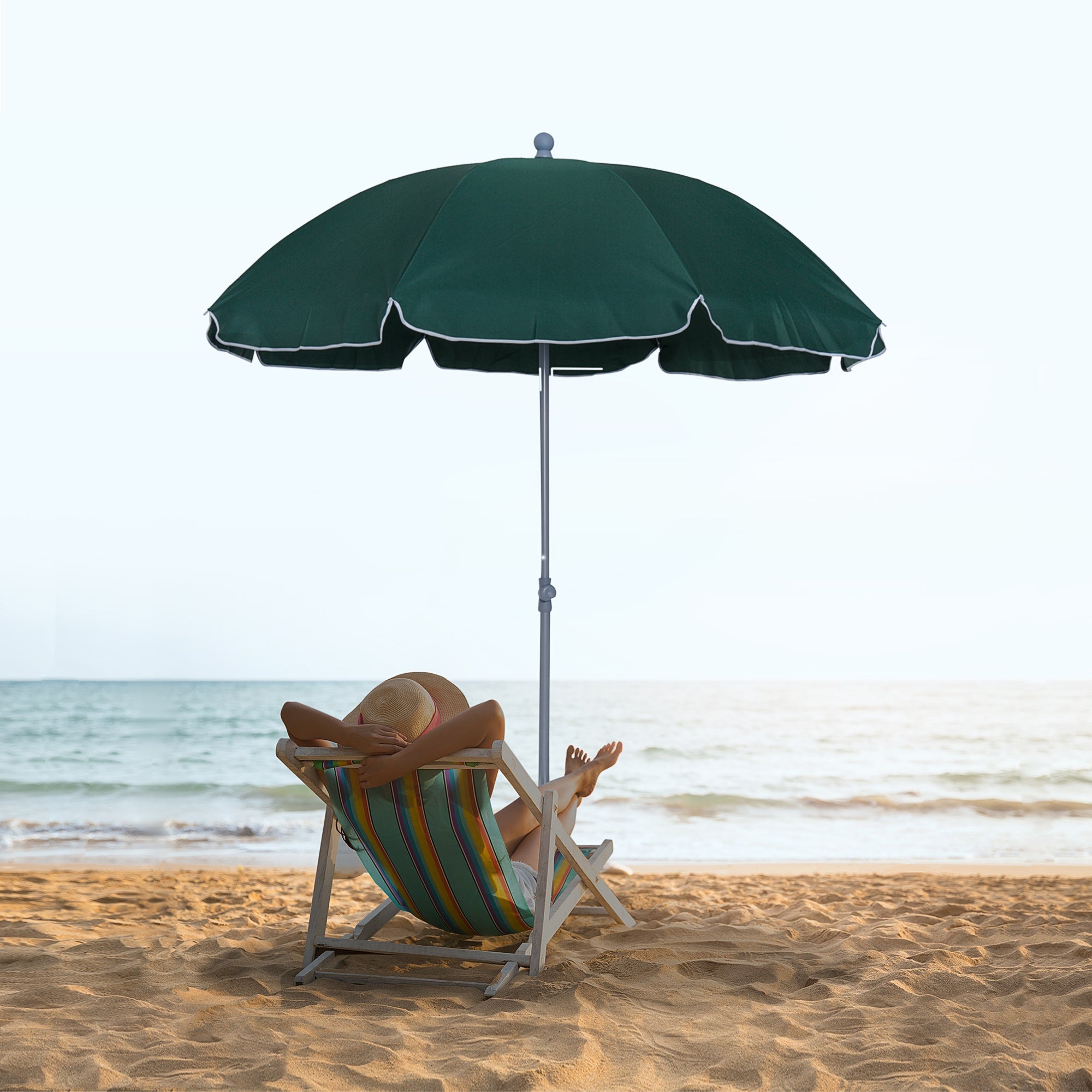 Beach Umbrella Ø202 cm Diameter with Tilted Roof Detachable Post and Spike for Garden Green