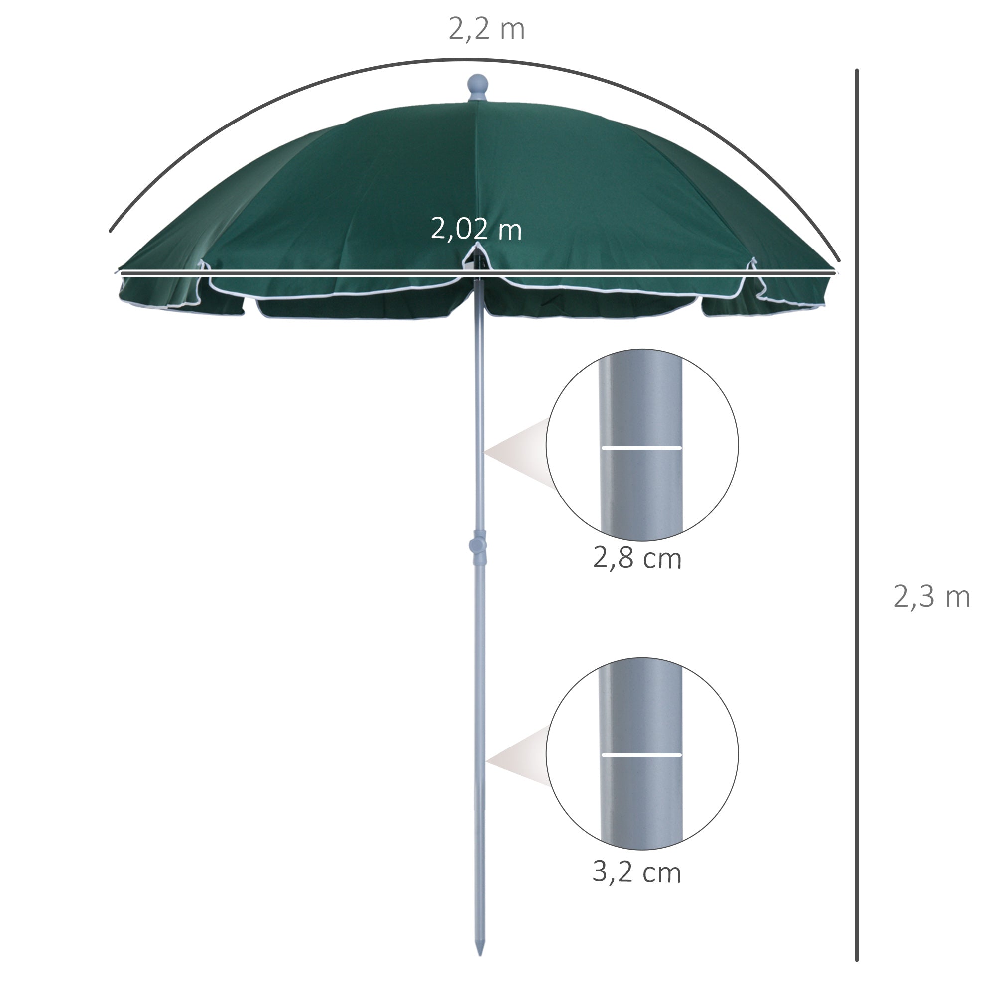 Beach Umbrella Ø202 cm Diameter with Tilted Roof Detachable Post and Spike for Garden Green