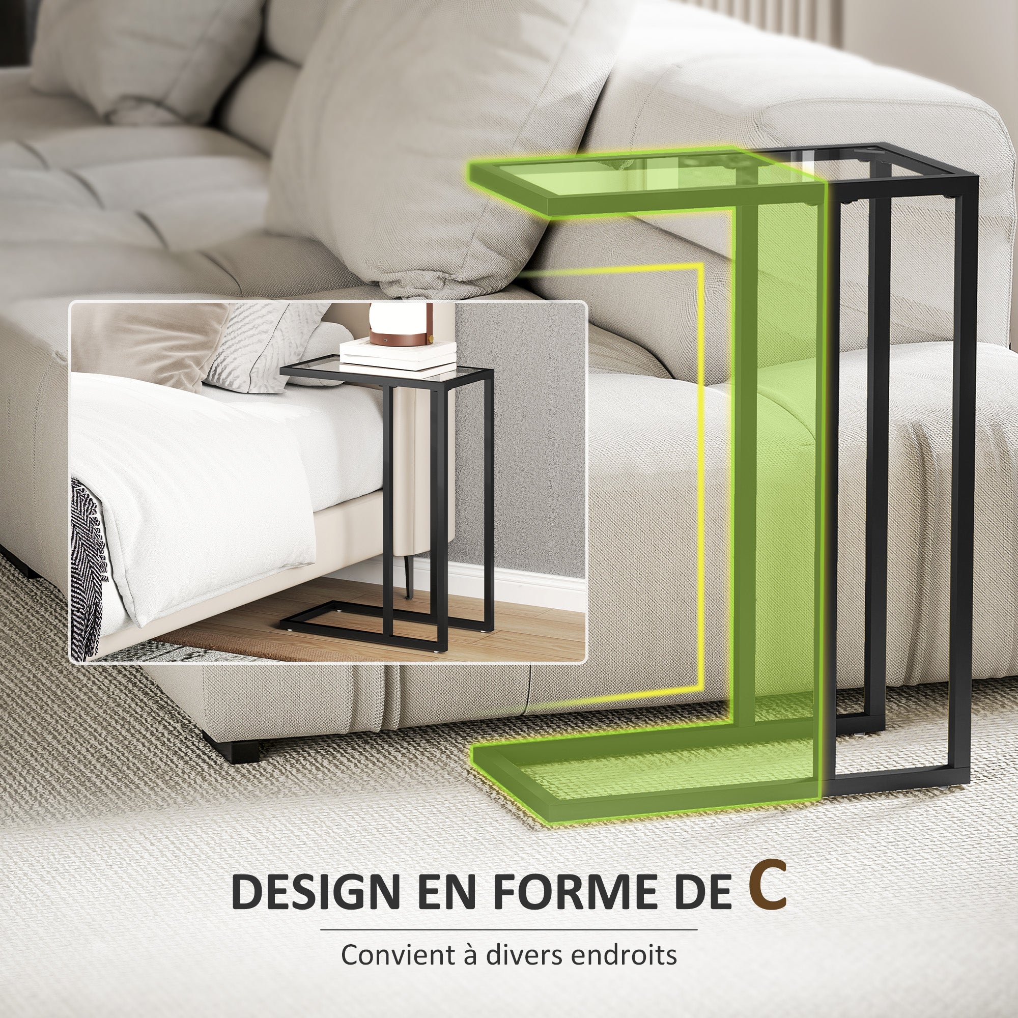 C-Shaped Side Table with Tempered Glass Top, Steel Frame, Coffee Table for Living Room, Bedroom, 46 x 25 x 63.5 cm, Oak