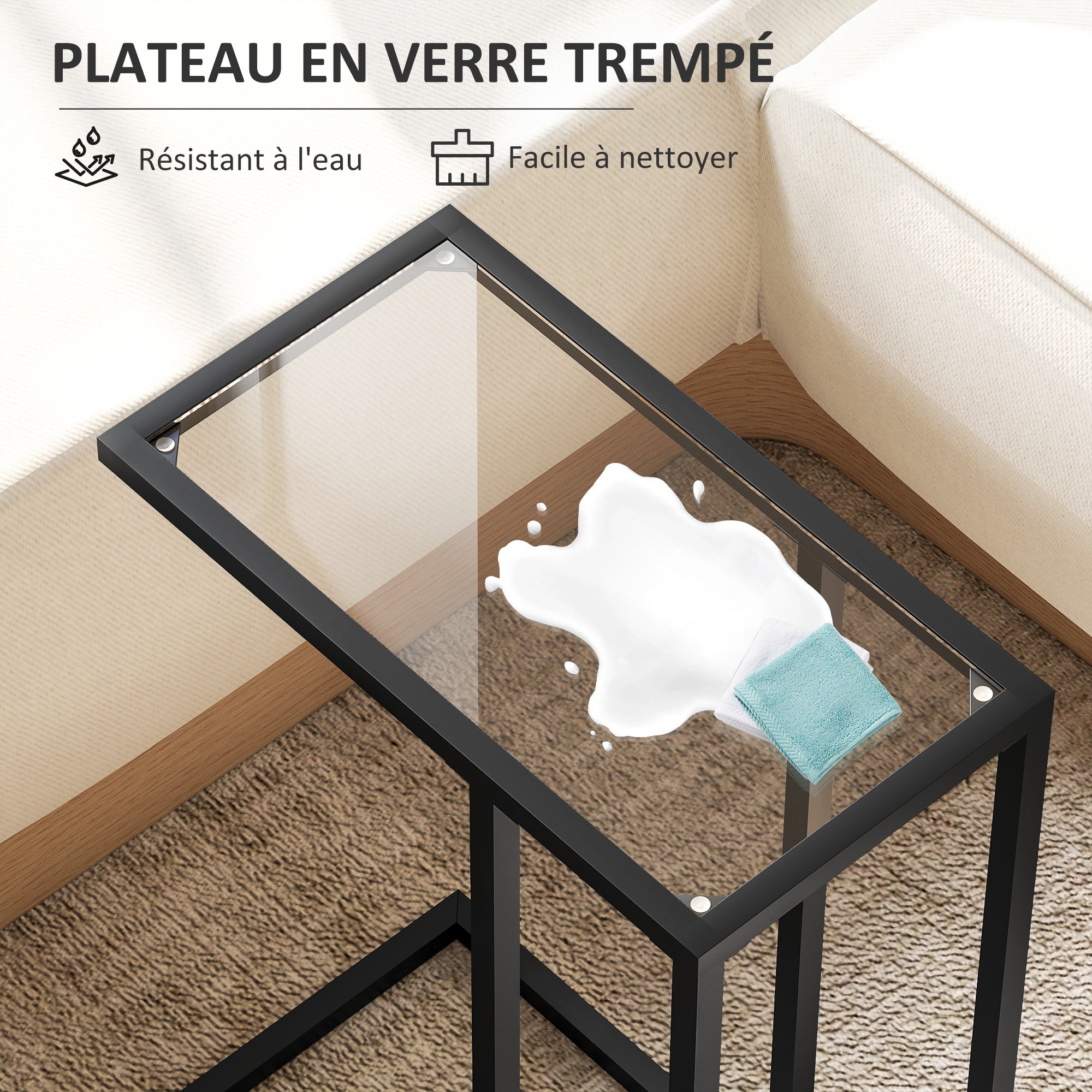 C-Shaped Side Table with Tempered Glass Top, Steel Frame, Coffee Table for Living Room, Bedroom, 46 x 25 x 63.5 cm, Oak