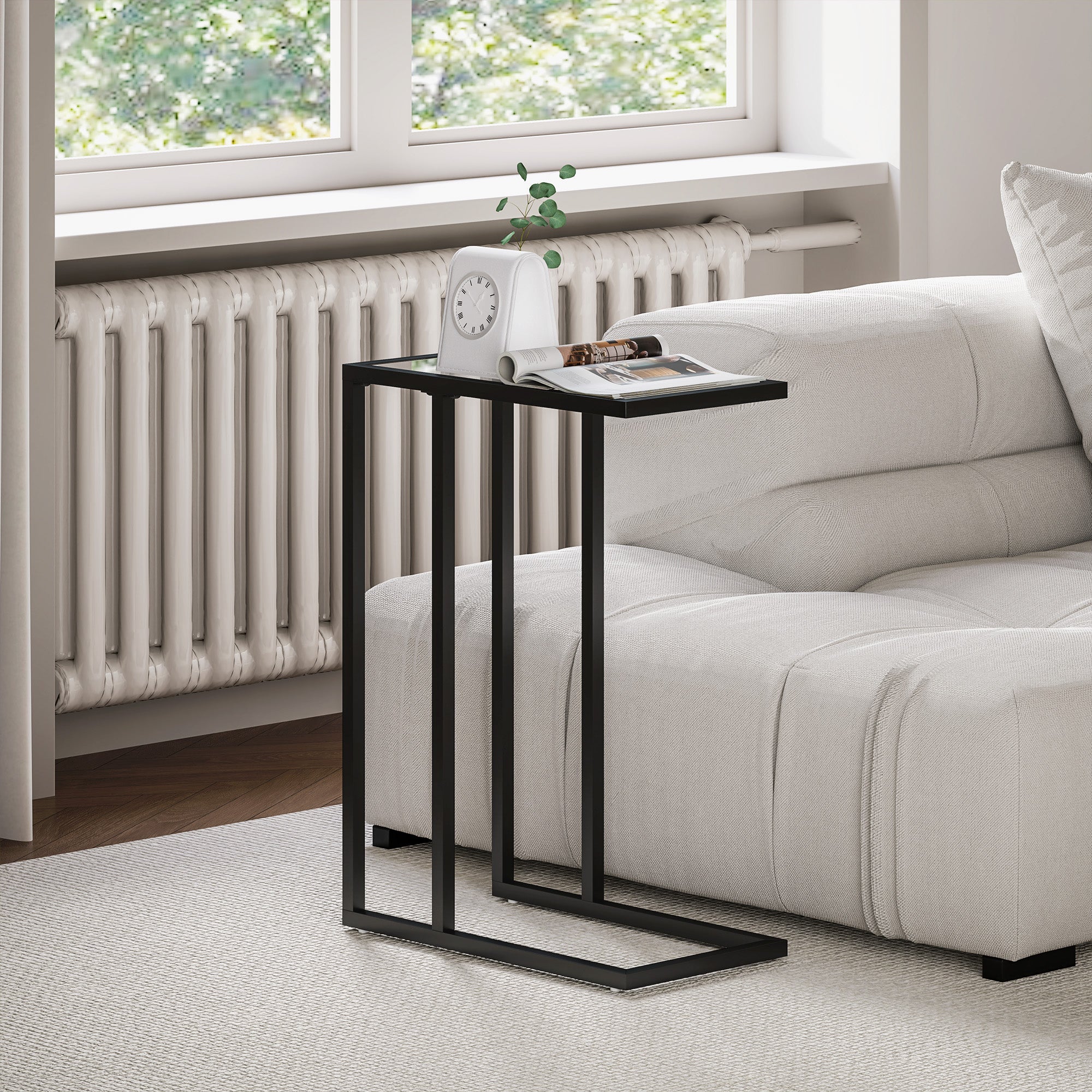 C-Shaped Side Table with Tempered Glass Top, Steel Frame, Coffee Table for Living Room, Bedroom, 46 x 25 x 63.5 cm, Oak