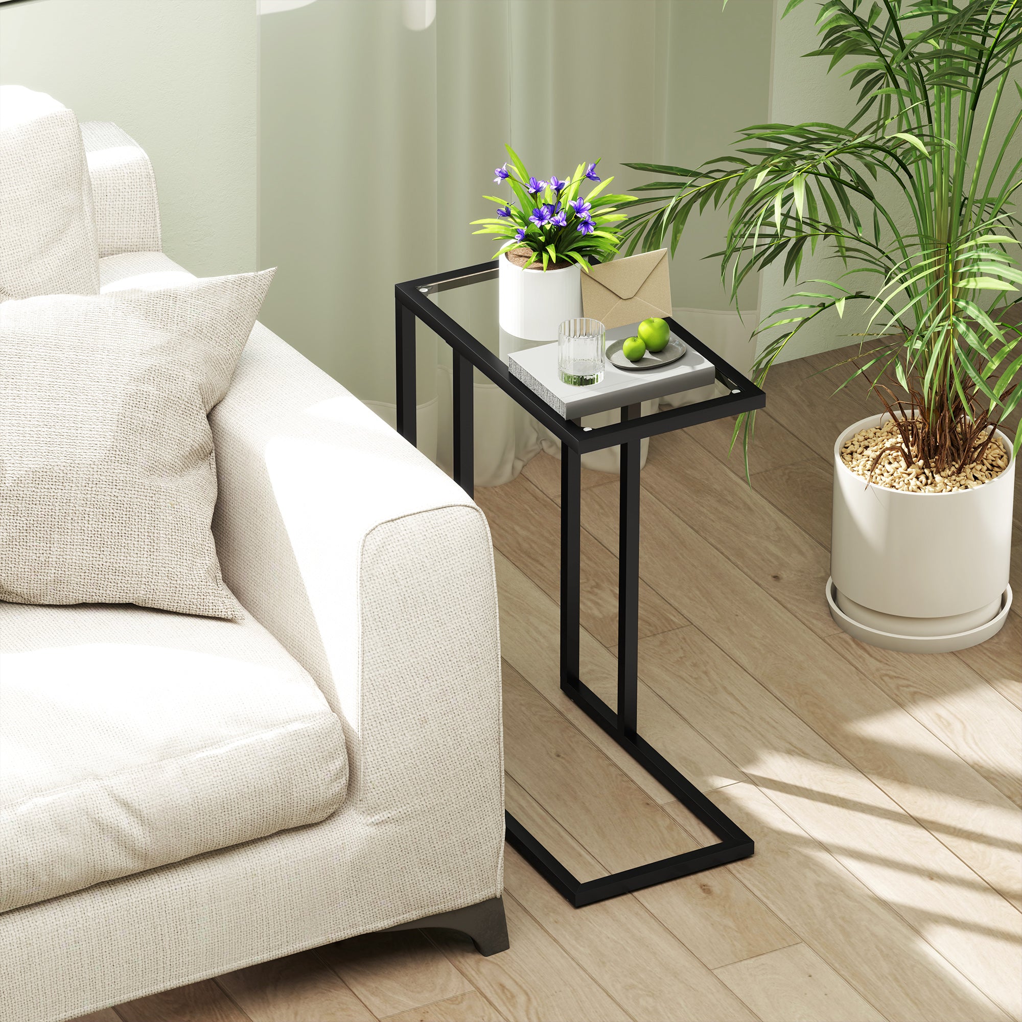 C-Shaped Side Table with Tempered Glass Top, Steel Frame, Coffee Table for Living Room, Bedroom, 46 x 25 x 63.5 cm, Oak