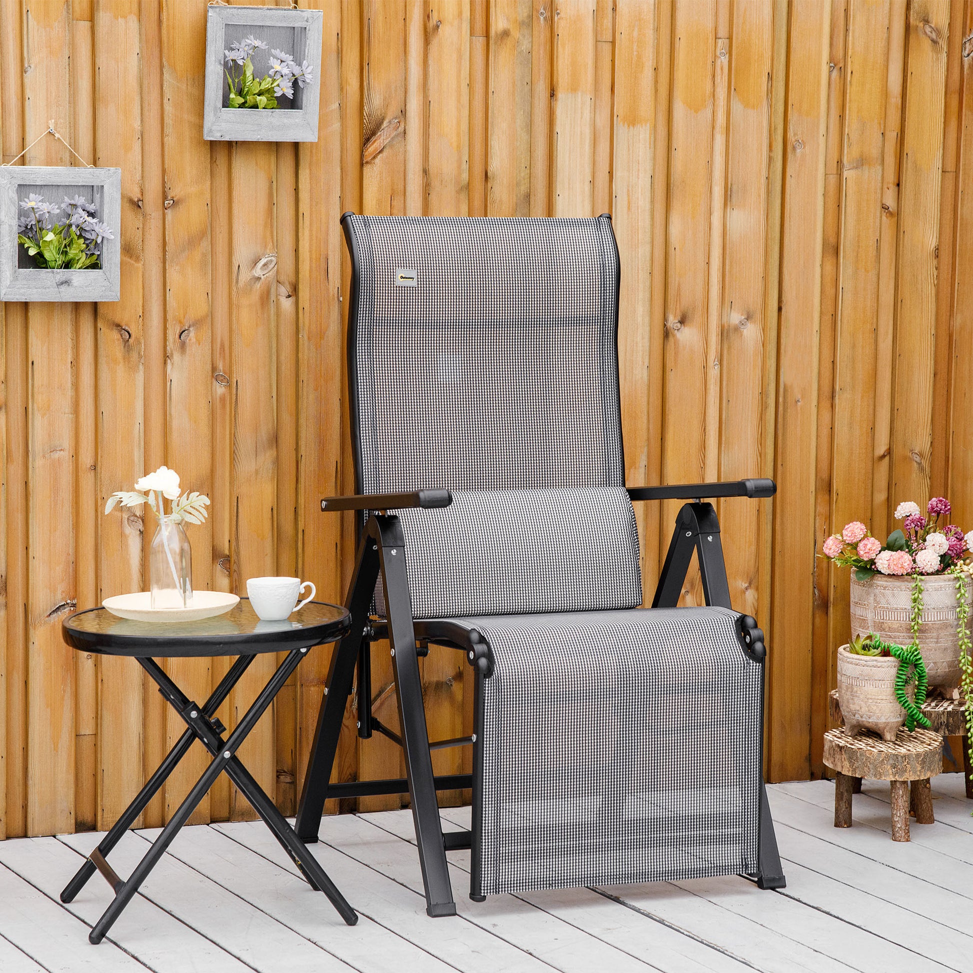 Folding Sun Lounger Garden Lounger with Cushion Zero Gravity Recliner with 9-Position Adjustable Backrest Garden Chair up to 150 kg Load Capacity, for Garden Holiday Outdoor Beach, Black+Gray