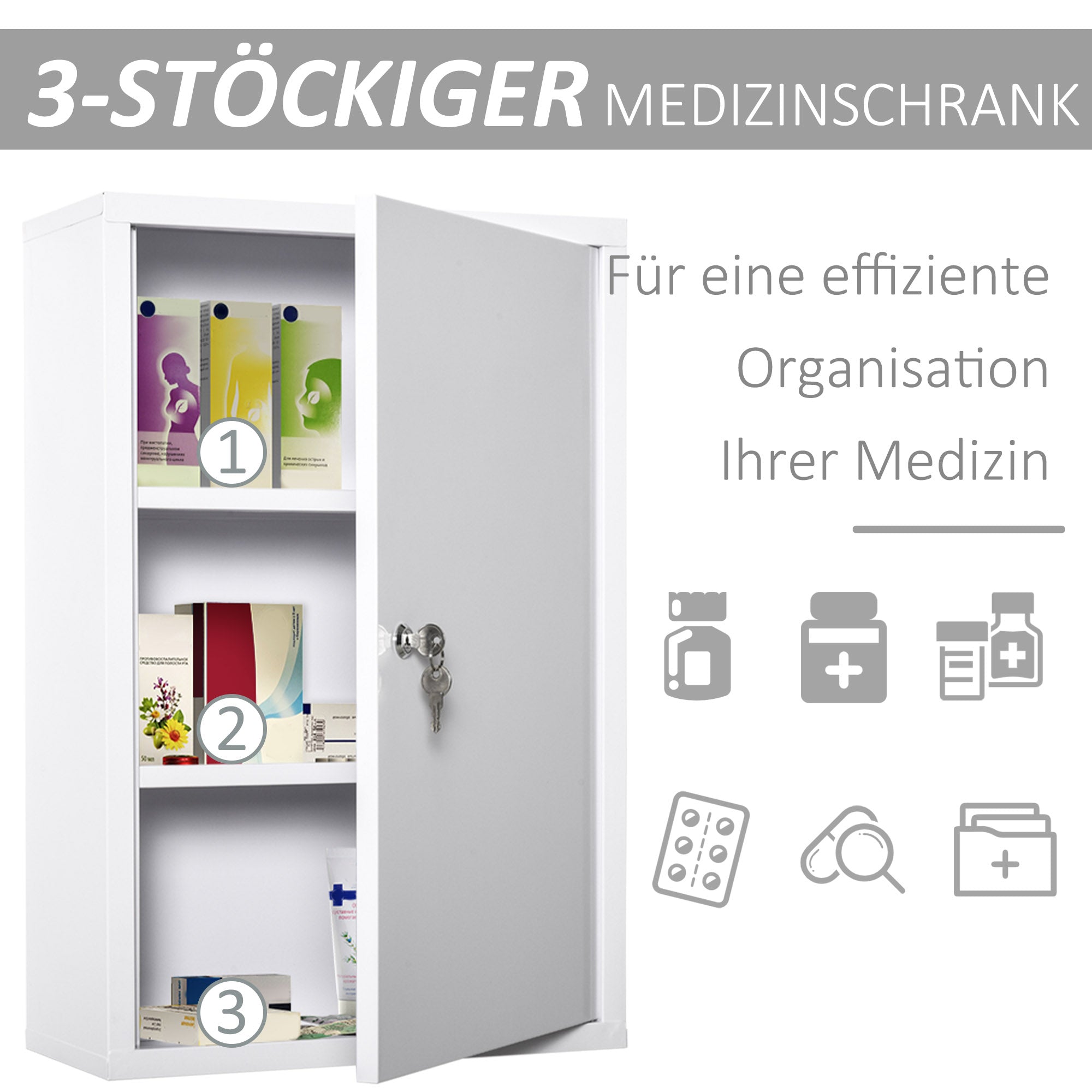 Medicine Cabinet Medicine Cabinet for Medication Storage, Lockable Medicine Cabinet Metal with 3 Compartments First Aid Cabinet, 40 x 18 x 60 cm, White