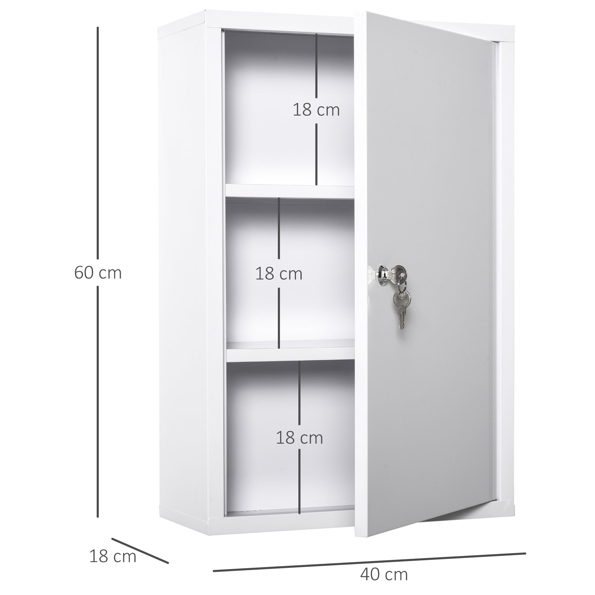 Medicine Cabinet Medicine Cabinet for Medication Storage, Lockable Medicine Cabinet Metal with 3 Compartments First Aid Cabinet, 40 x 18 x 60 cm, White