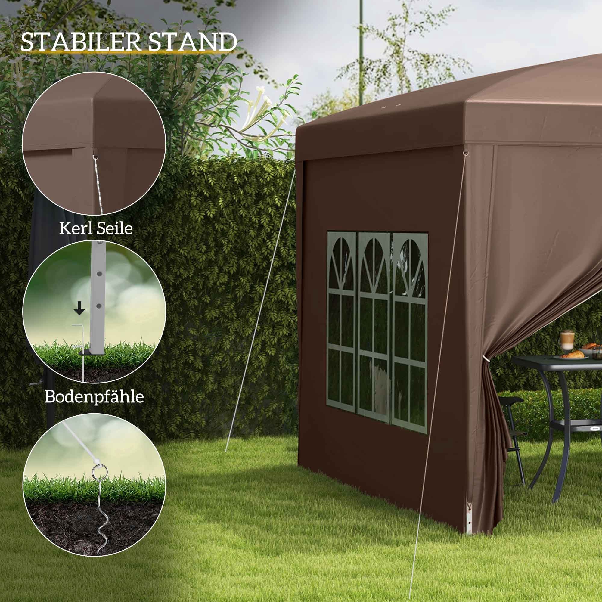 Pavilion approx. 3x3m, Waterproof Stable Winterproof Pop-up Folding Pavilion, UV Protection 50+, Foldable Party Tent Garden Tent with 4 Side Panels Bag Garden Pavilion for Camping Garden, Coffee