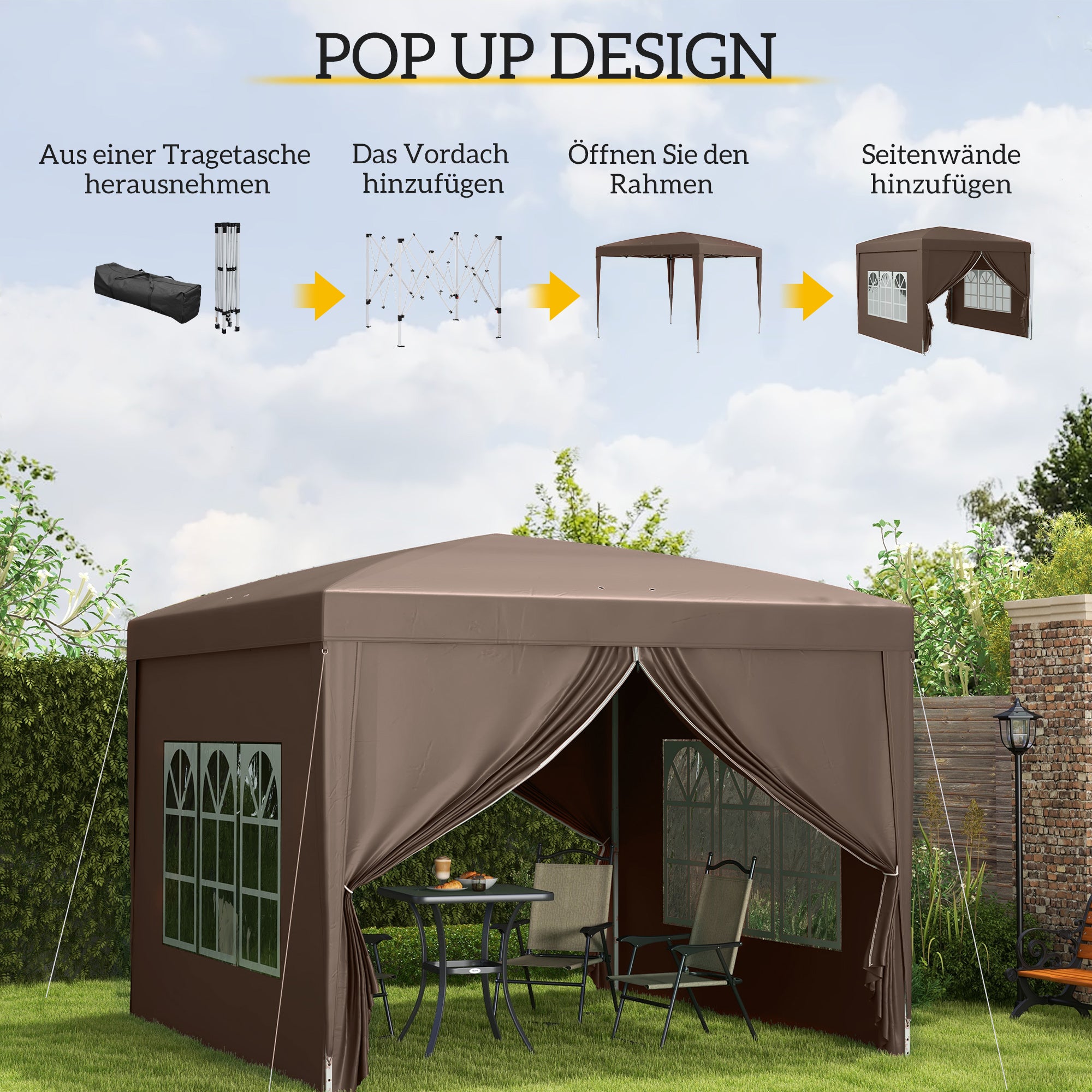 Pavilion approx. 3x3m, Waterproof Stable Winterproof Pop-up Folding Pavilion, UV Protection 50+, Foldable Party Tent Garden Tent with 4 Side Panels Bag Garden Pavilion for Camping Garden, Coffee