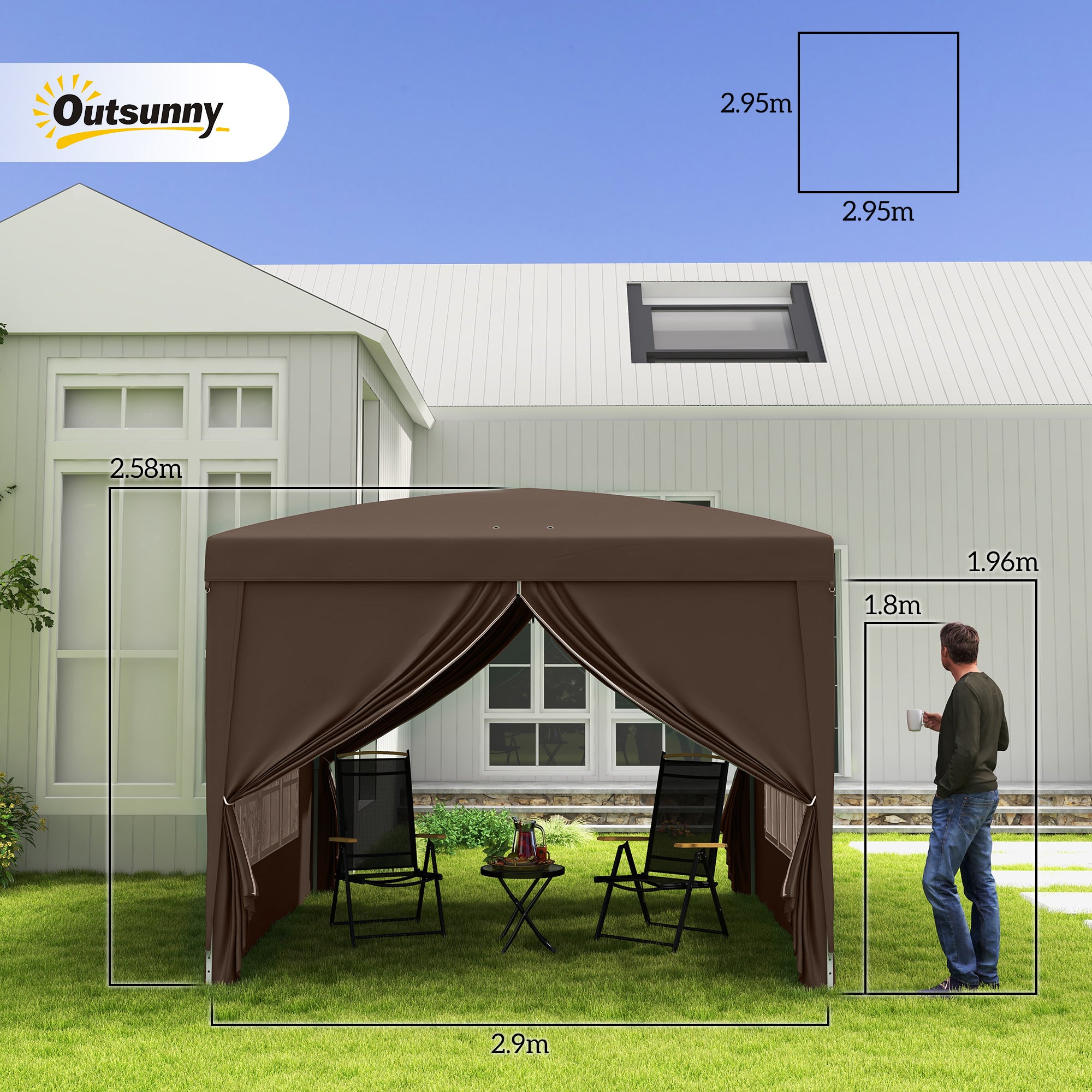 Pavilion approx. 3x3m, Waterproof Stable Winterproof Pop-up Folding Pavilion, UV Protection 50+, Foldable Party Tent Garden Tent with 4 Side Panels Bag Garden Pavilion for Camping Garden, Coffee
