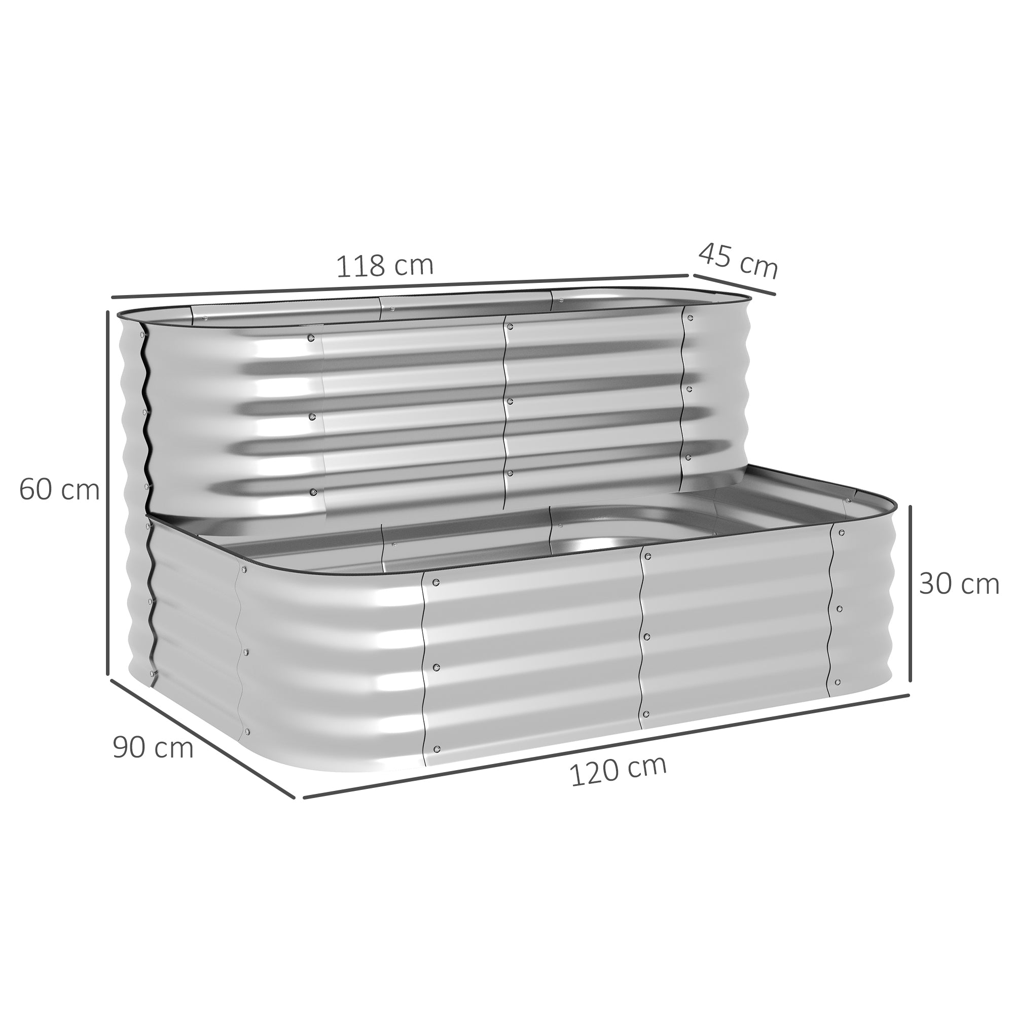 Raised Garden Bed Metal, 2-Tier Planter, Plant Box, Vegetable Bed with Screws, Herb Garden for Garden, Balcony, Silver, 118 x 45 x 30 cm