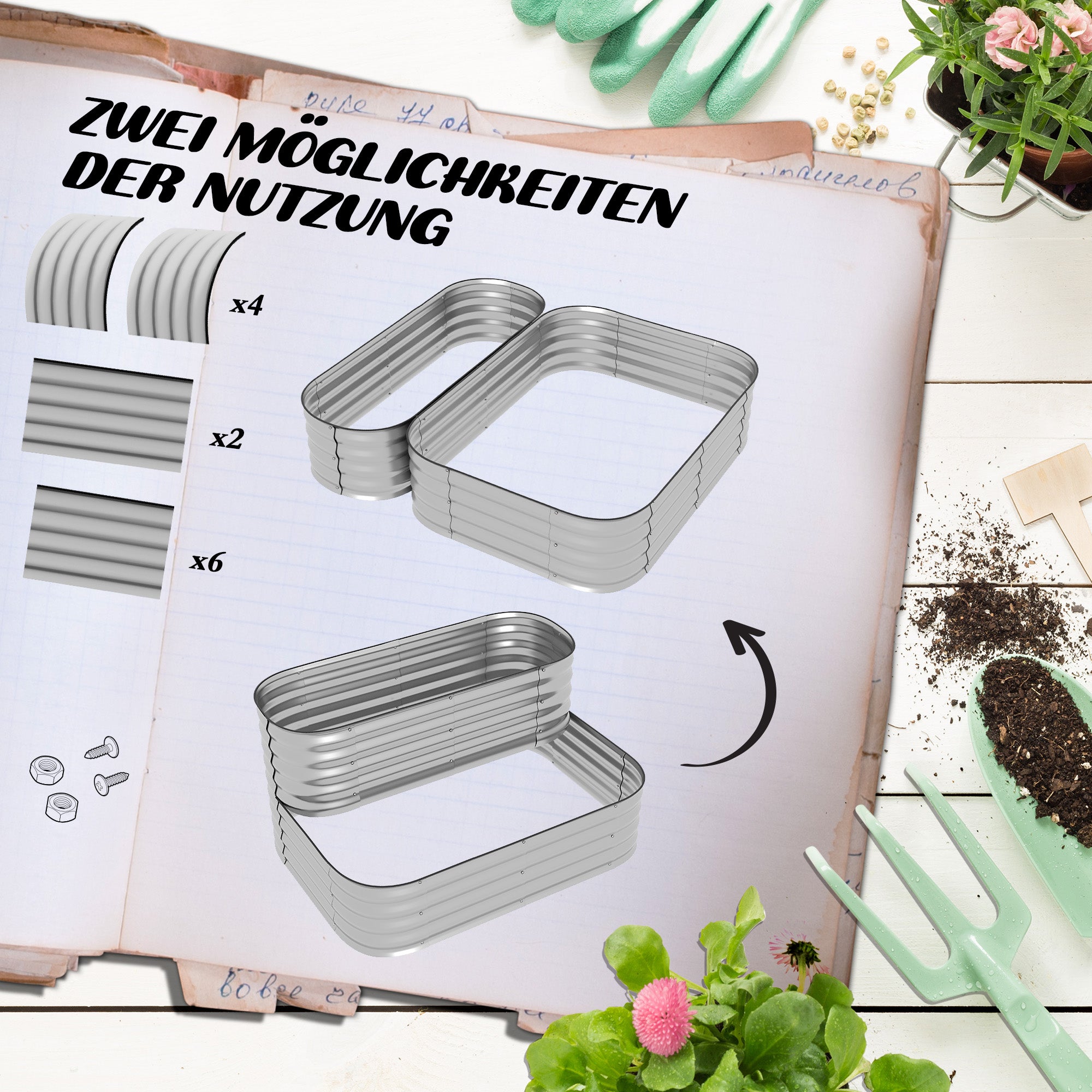 Raised Garden Bed Metal, 2-Tier Planter, Plant Box, Vegetable Bed with Screws, Herb Garden for Garden, Balcony, Silver, 118 x 45 x 30 cm