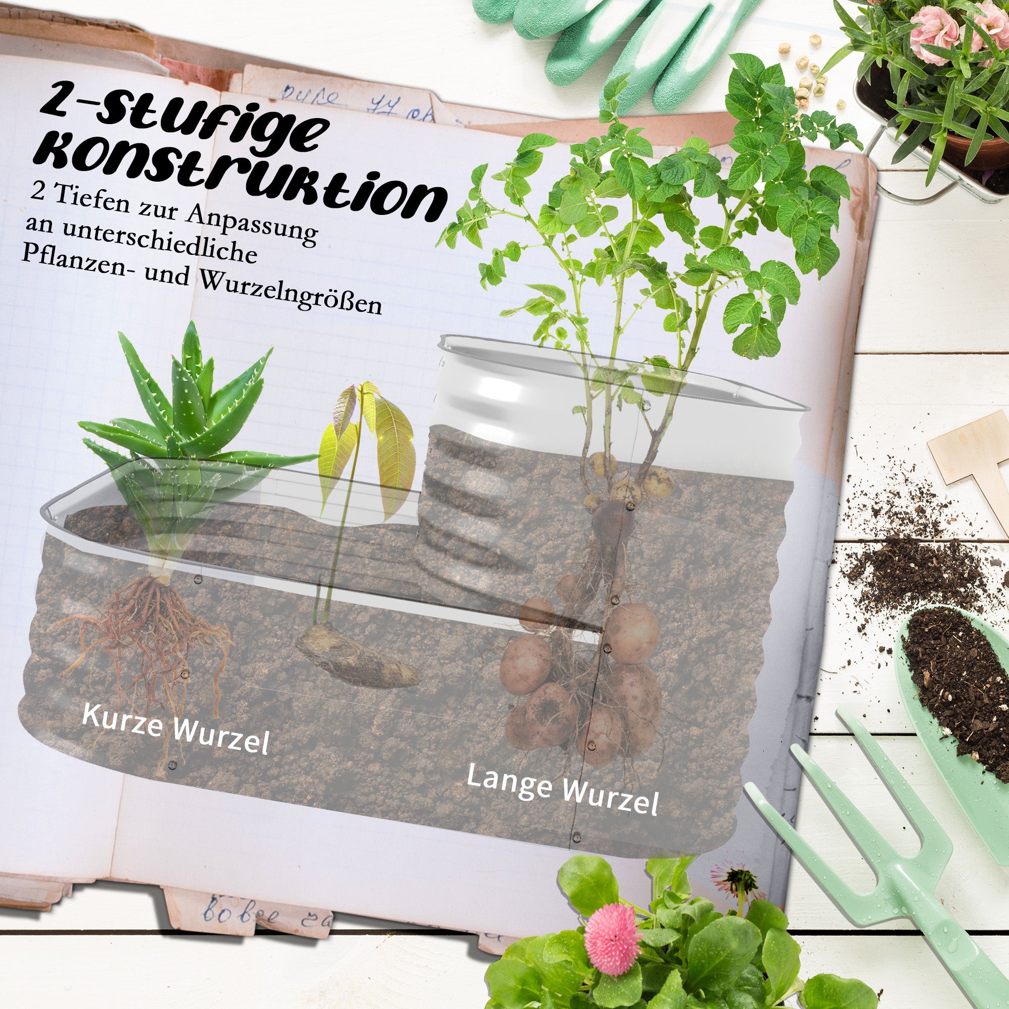 Raised Garden Bed Metal, 2-Tier Planter, Plant Box, Vegetable Bed with Screws, Herb Garden for Garden, Balcony, Silver, 118 x 45 x 30 cm