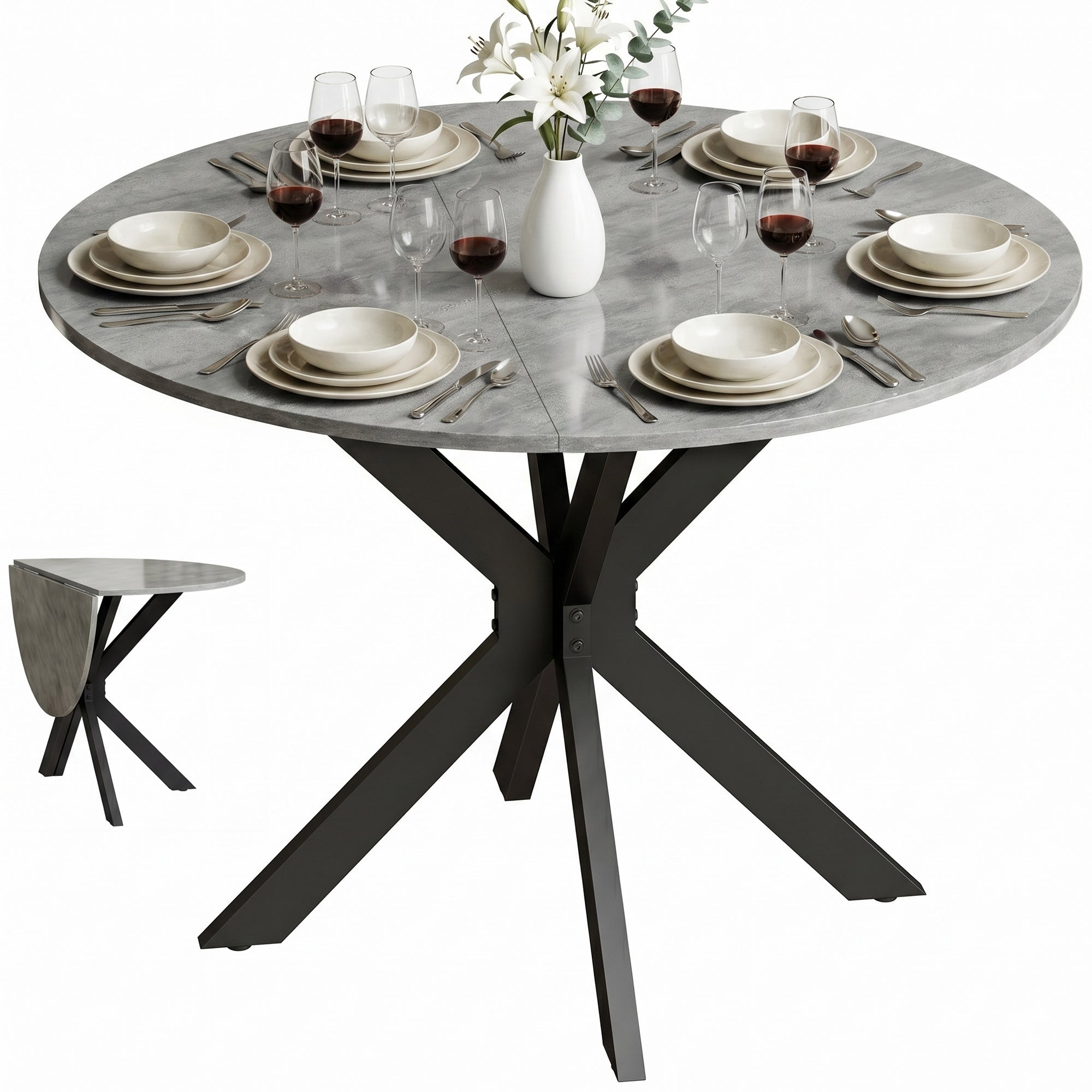 Round Folding Dining Table, Seats 2–6, Steel Spider-Leg Folding Table for Small Spaces, Dining Room, Kitchen, 43.3 x 43.3 x 29.9 in, Cement Gray