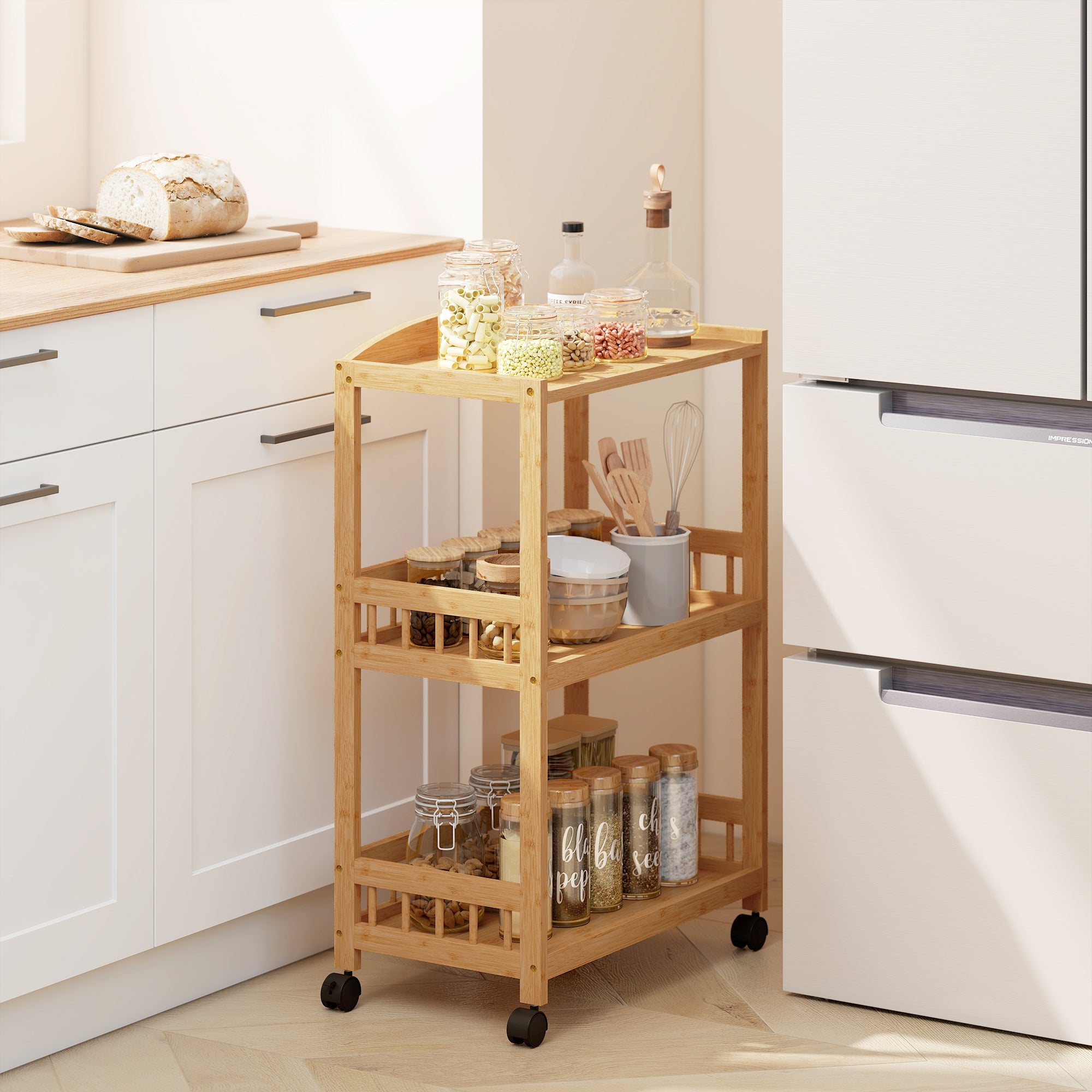 3-Tier Rolling Kitchen Cart — Bamboo Serving Trolley with Storage Shelves on Wheels, All-Purpose Rolling Cart for Kitchen, Bathroom, Office & Living Room, Natural Wood