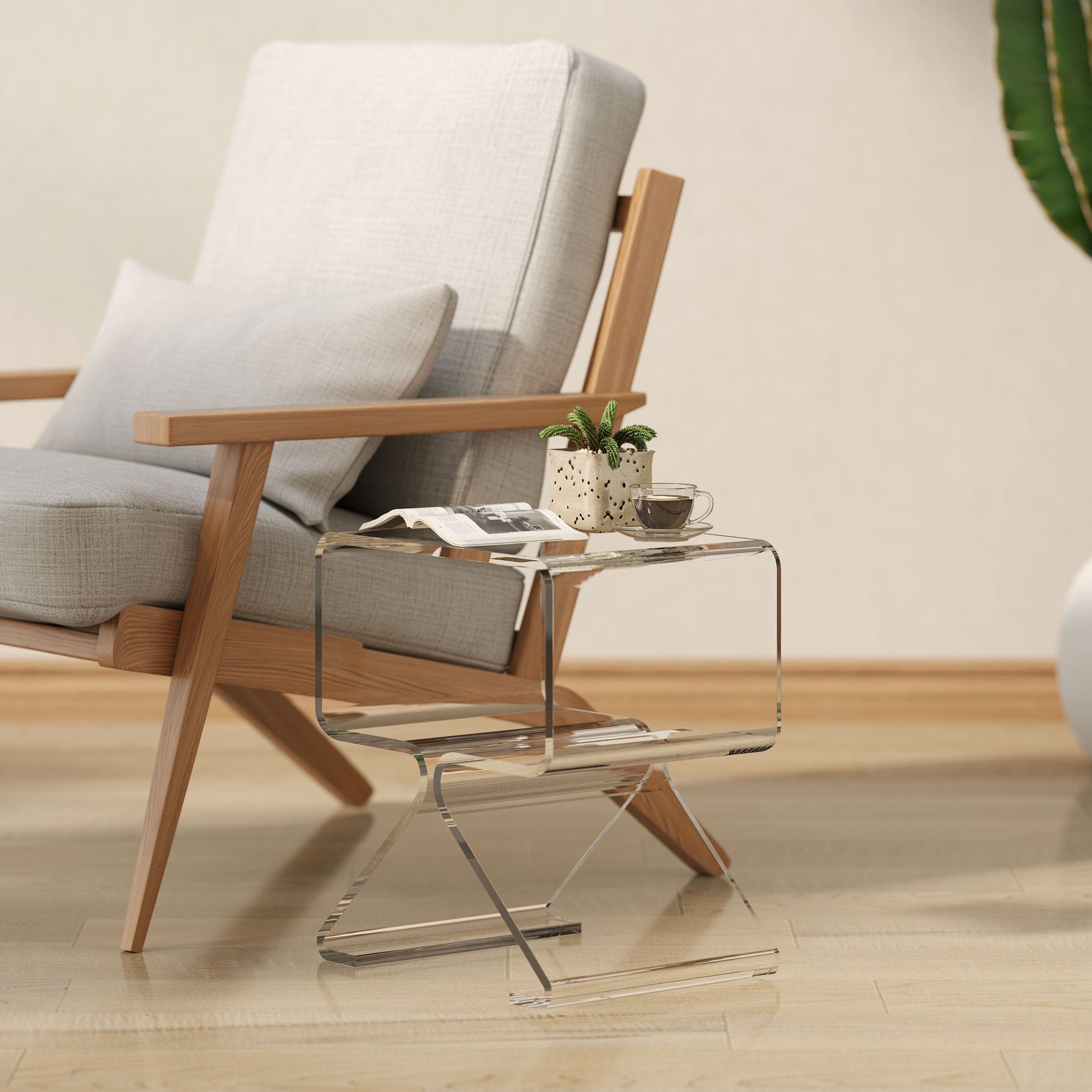 Geometric Low Coffee Table with 2 Levels and Triangular Legs, Acrylic Living Room Table, 40x30x45 cm, Transparent