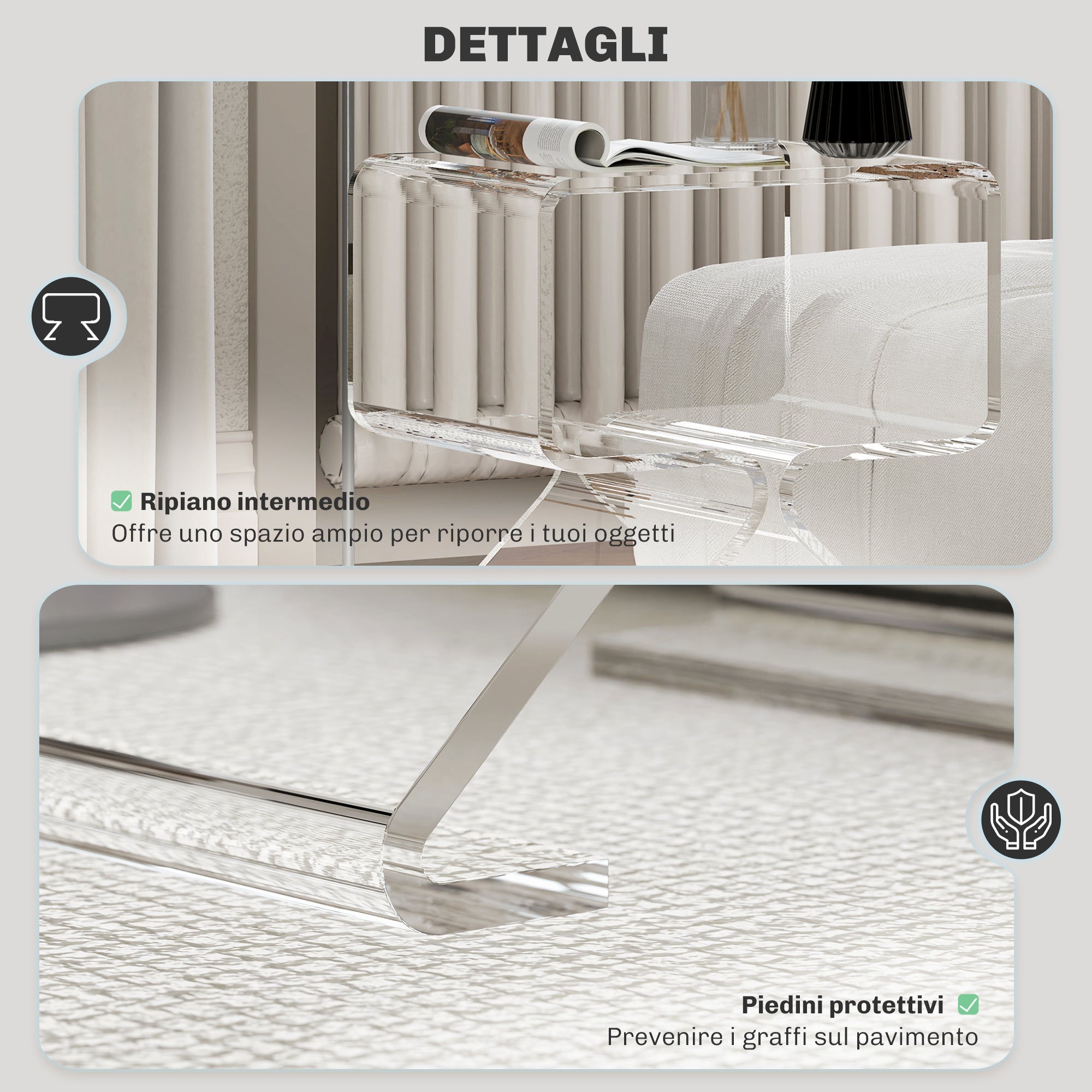 Geometric Low Coffee Table with 2 Levels and Triangular Legs, Acrylic Living Room Table, 40x30x45 cm, Transparent