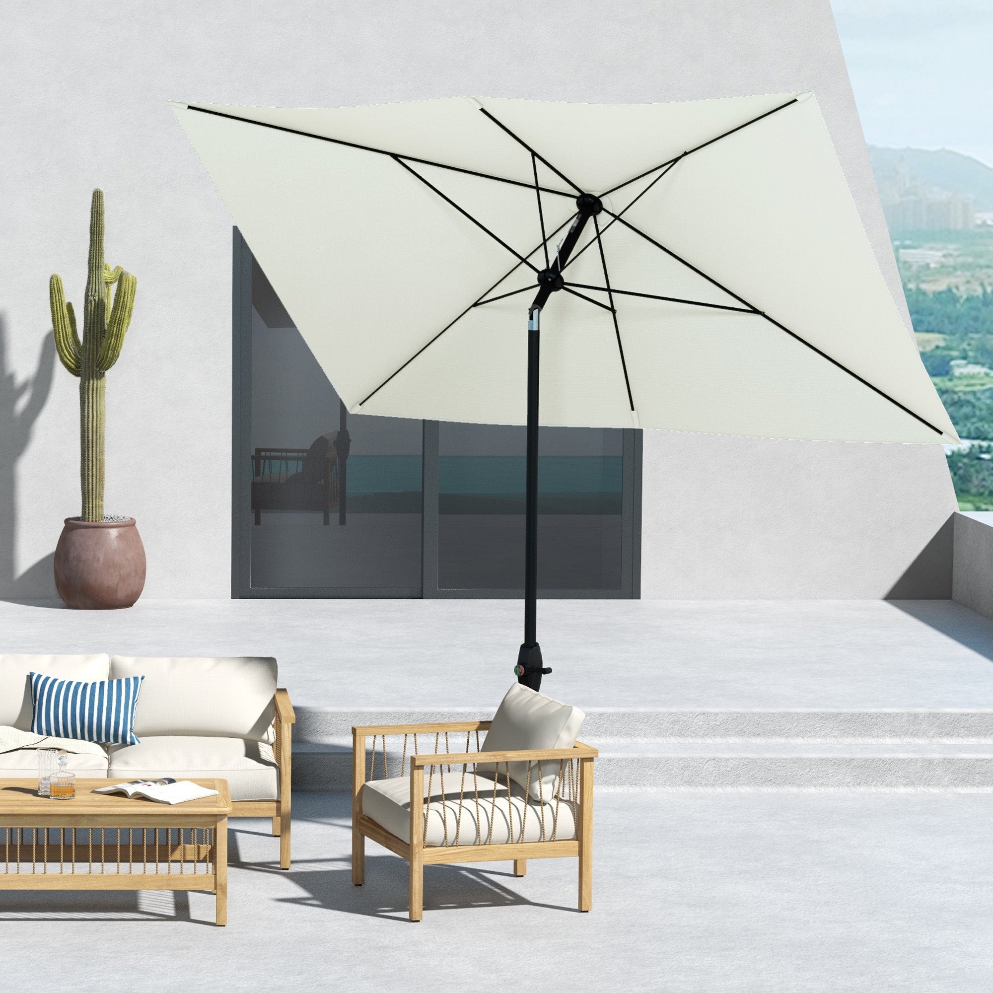 Outdoor Terrace Umbrella 3x2 m Patio Umbrella with Adjustable Angle Aluminum Mast and UV 50+ Protection Umbrella for Garden Patio Beige