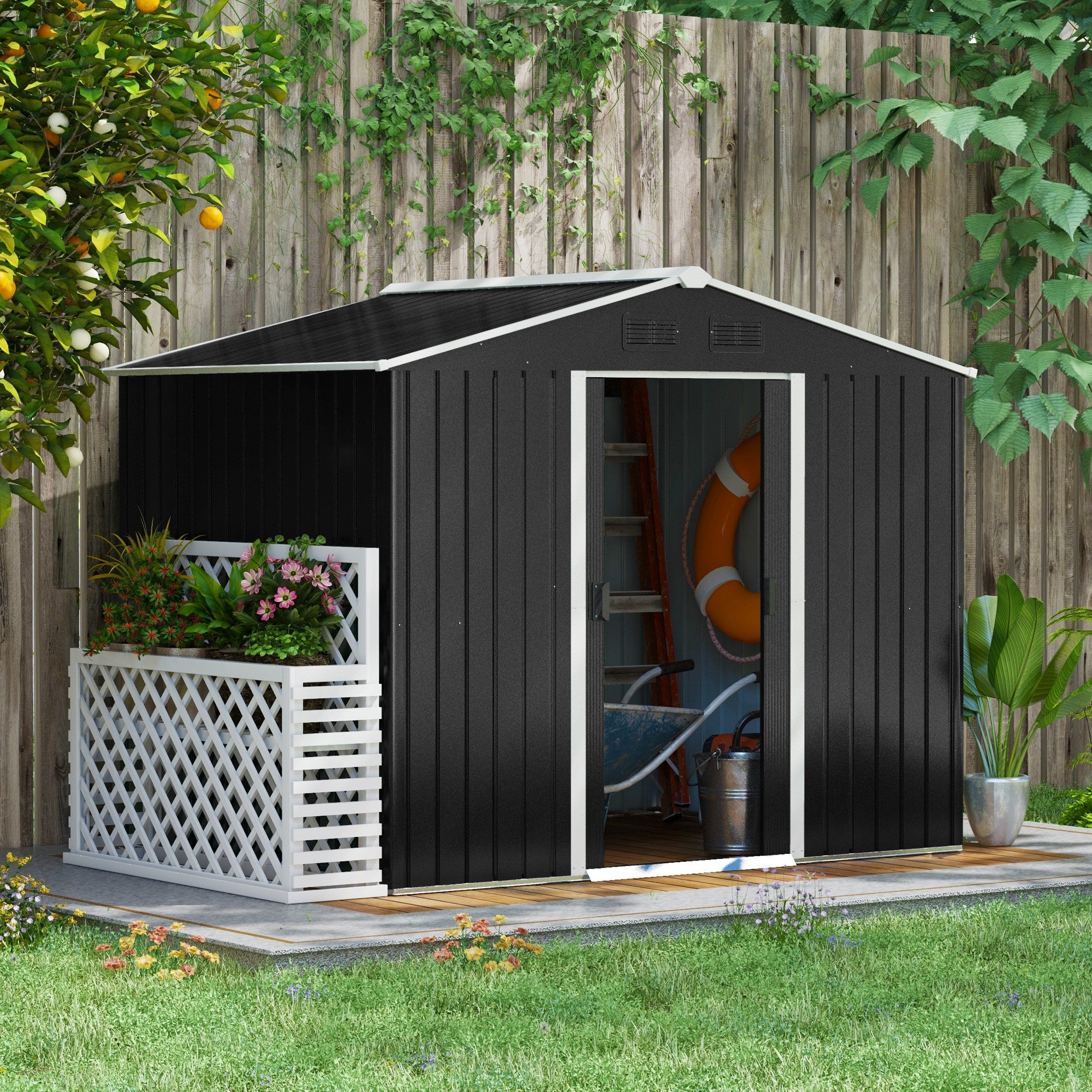 Outdoor Garden Shed 3.6m² 236x174x190 cm Gray Garden Shed with 2 Sliding Doors Sloping Roof and 4 Windows for Patio Terrace