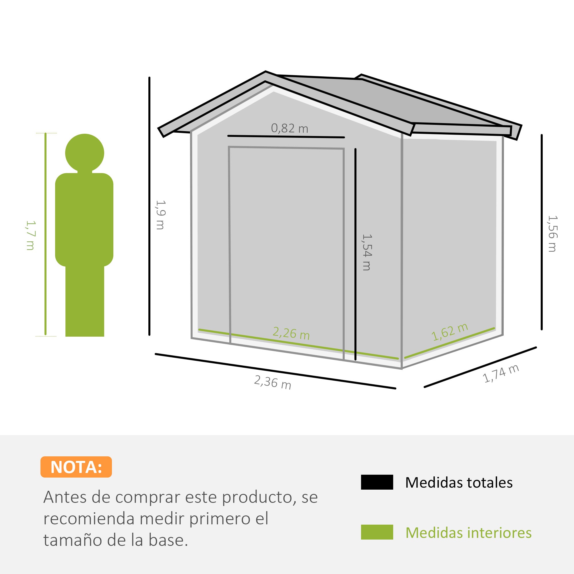Outdoor Garden Shed 3.6m² 236x174x190 cm Gray Garden Shed with 2 Sliding Doors Sloping Roof and 4 Windows for Patio Terrace