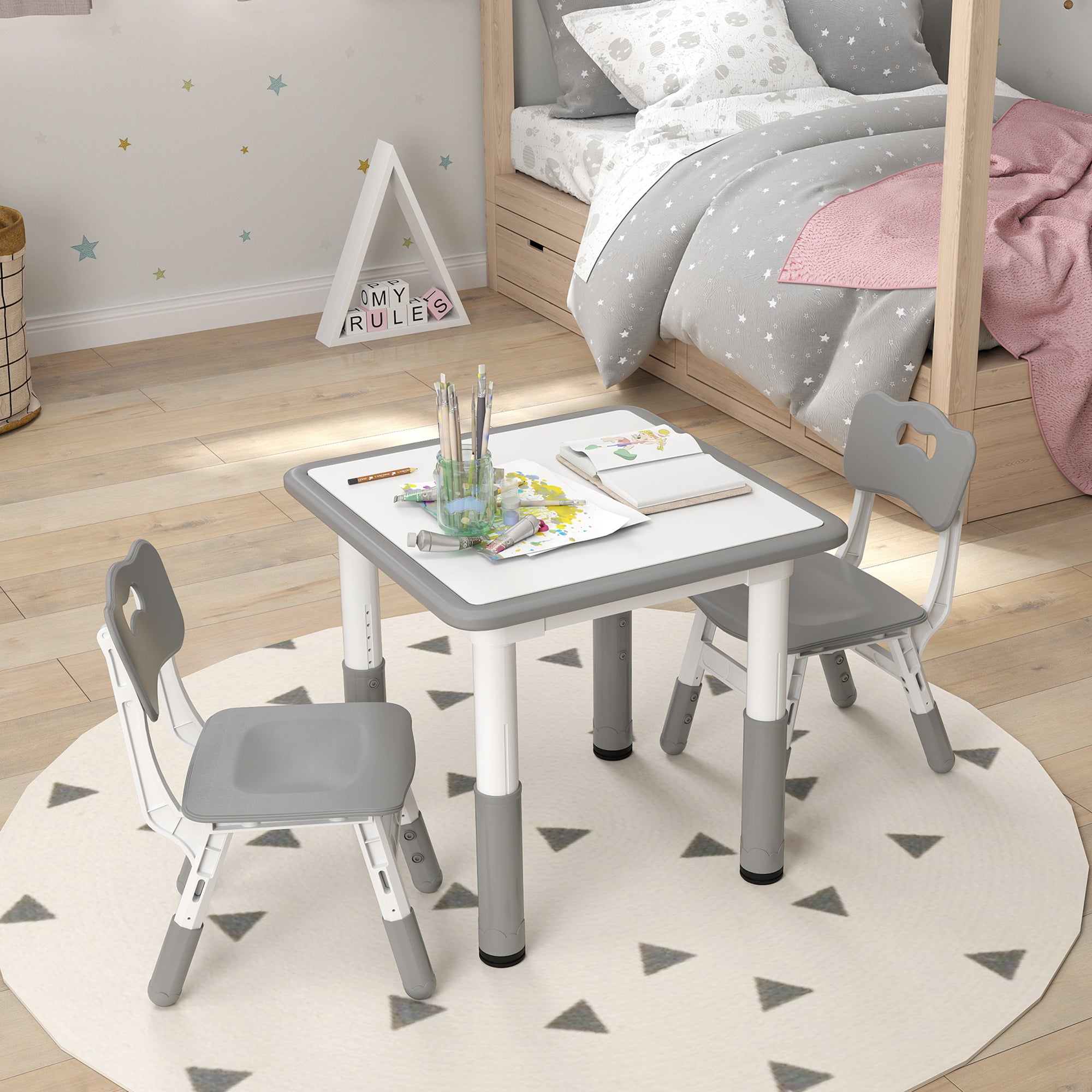 3-Piece Children's Table and Chairs Set with Adjustable Height Children's Table with 2 Chairs Easy to Clean for Kids from 18 Months to 5 Years for Playroom Bedroom Nursery White and Gray
