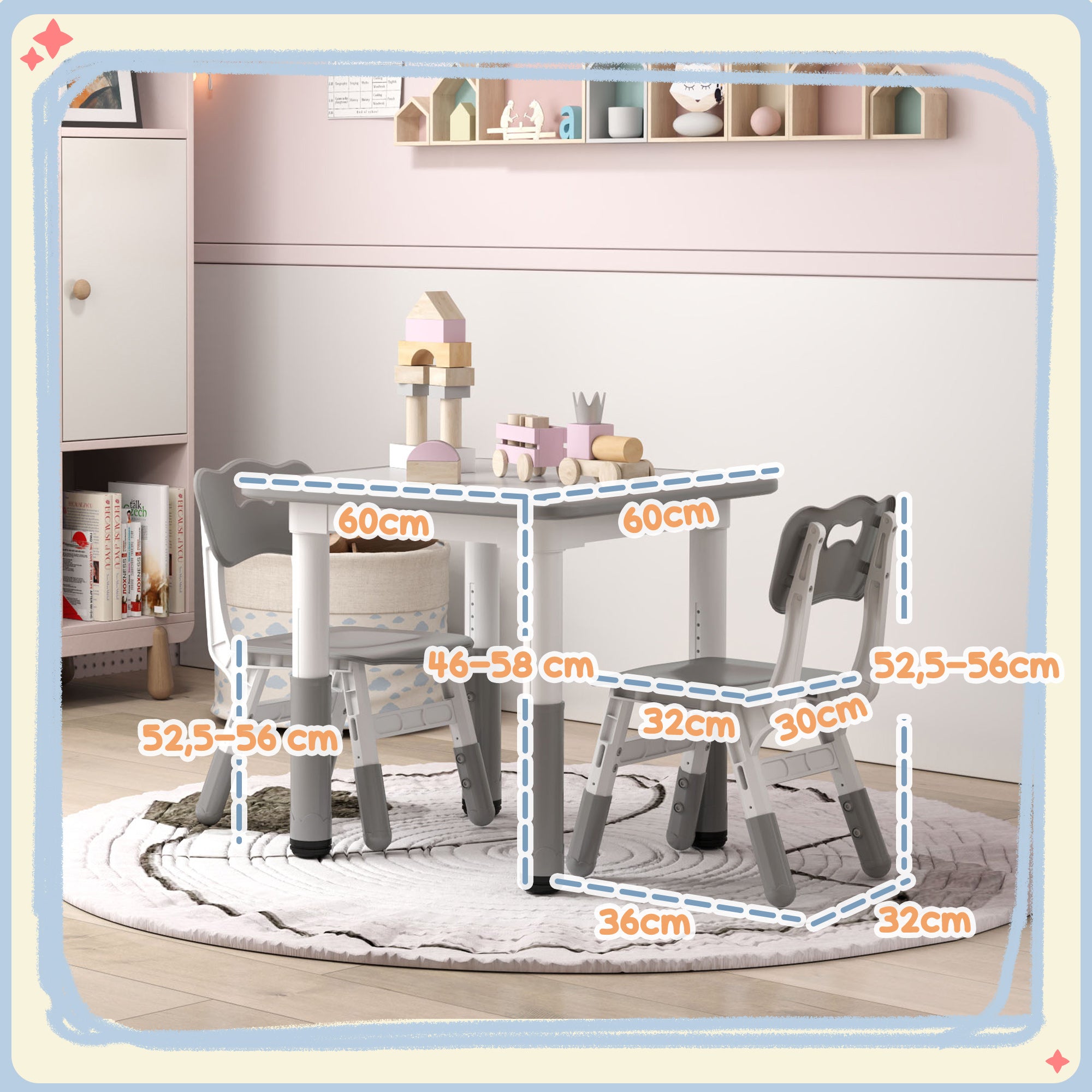 3-Piece Children's Table and Chairs Set with Adjustable Height Children's Table with 2 Chairs Easy to Clean for Kids from 18 Months to 5 Years for Playroom Bedroom Nursery White and Gray