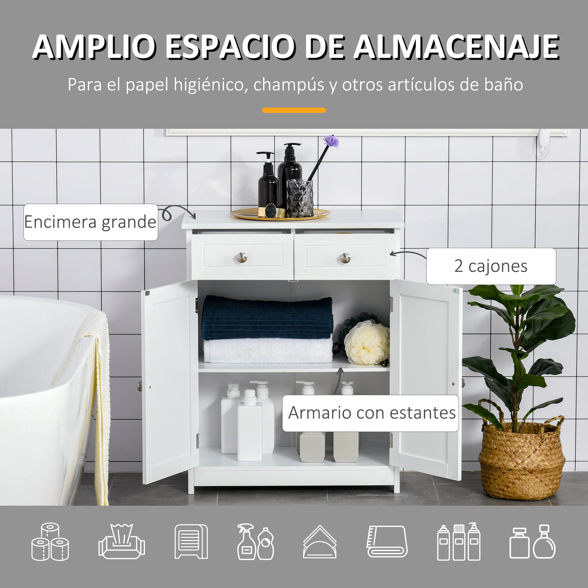 Bathroom Storage Cabinet Bathroom Cabinet with 2 Drawers 2 Doors and Adjustable Shelf Modern Style for Shower Bedroom 60x30x75 cm White