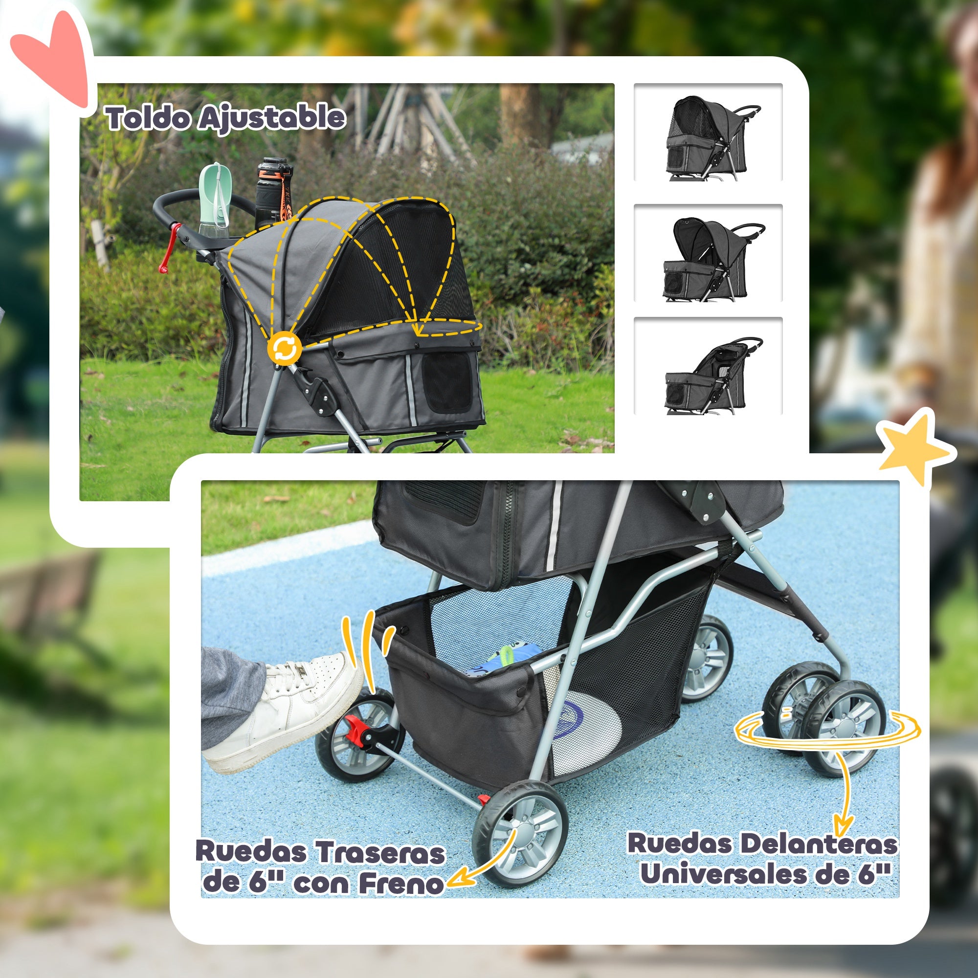 Foldable Dog Stroller Pet Carrier Stroller for Small Dogs with Adjustable Canopy, Bottom Basket, Mesh Windows, Cup Holders, and Wheels Capacity 15 kg 75x45x97 cm Dark Gray