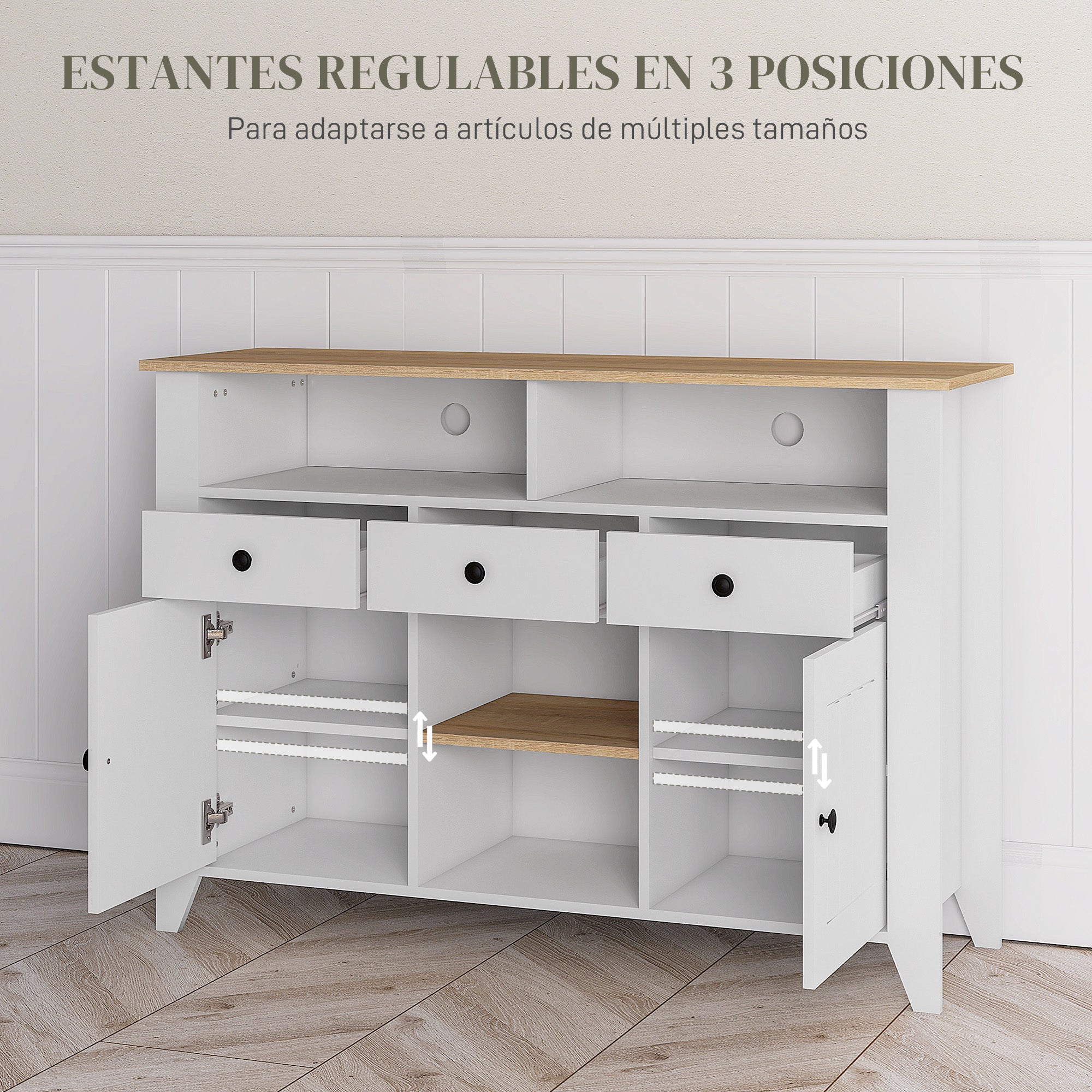 Kitchen Sideboard TV Stand for 50-Inch TVs with 3 Drawers 2 Doors 2 Open Shelves and 2 Adjustable Shelves Modern Style 120x38x81.5 cm White
