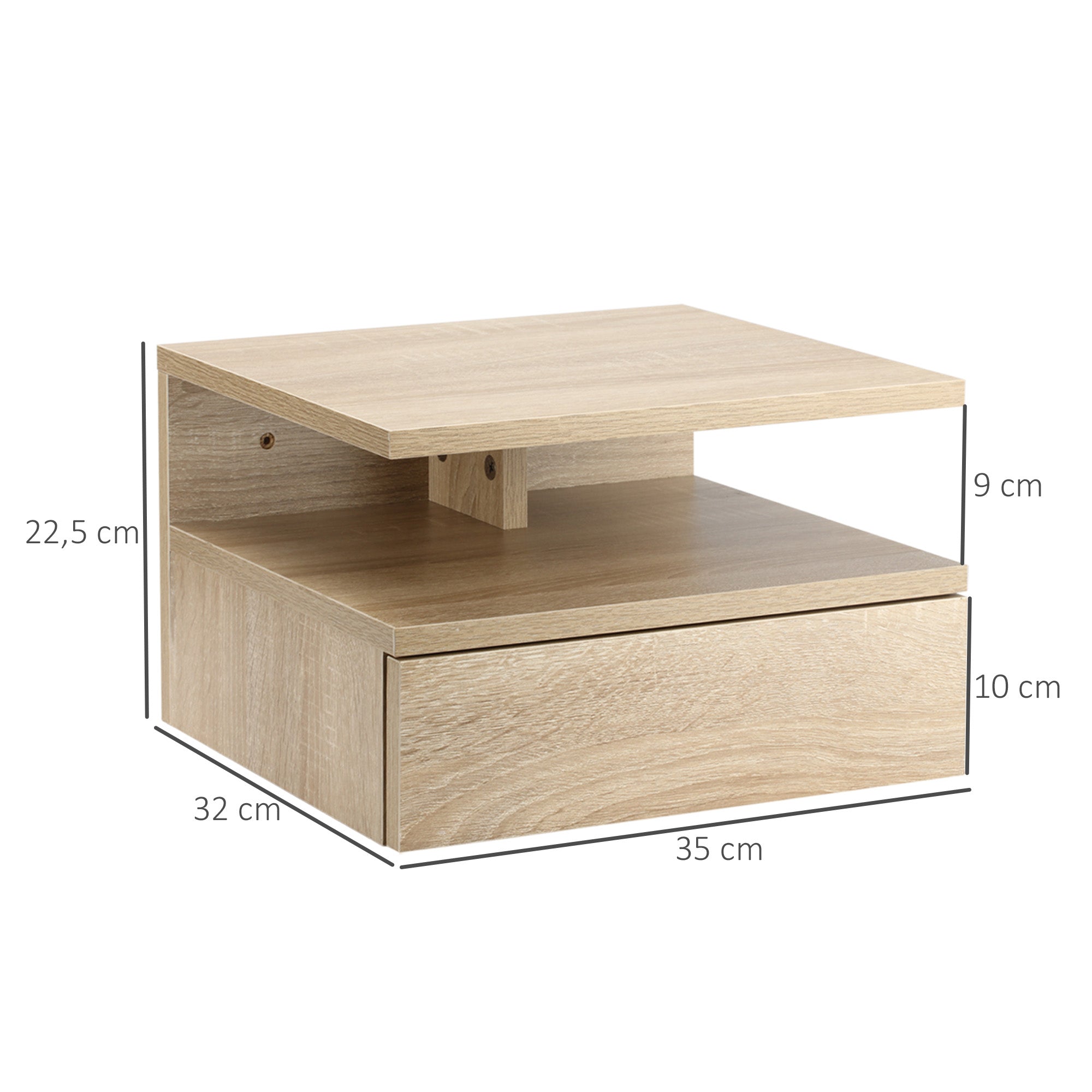 Set of 2 Floating Bedside Tables Hanging Nightstands with 1 Drawer and Open Shelf for Bedroom 35x32x22.5 cm Oak