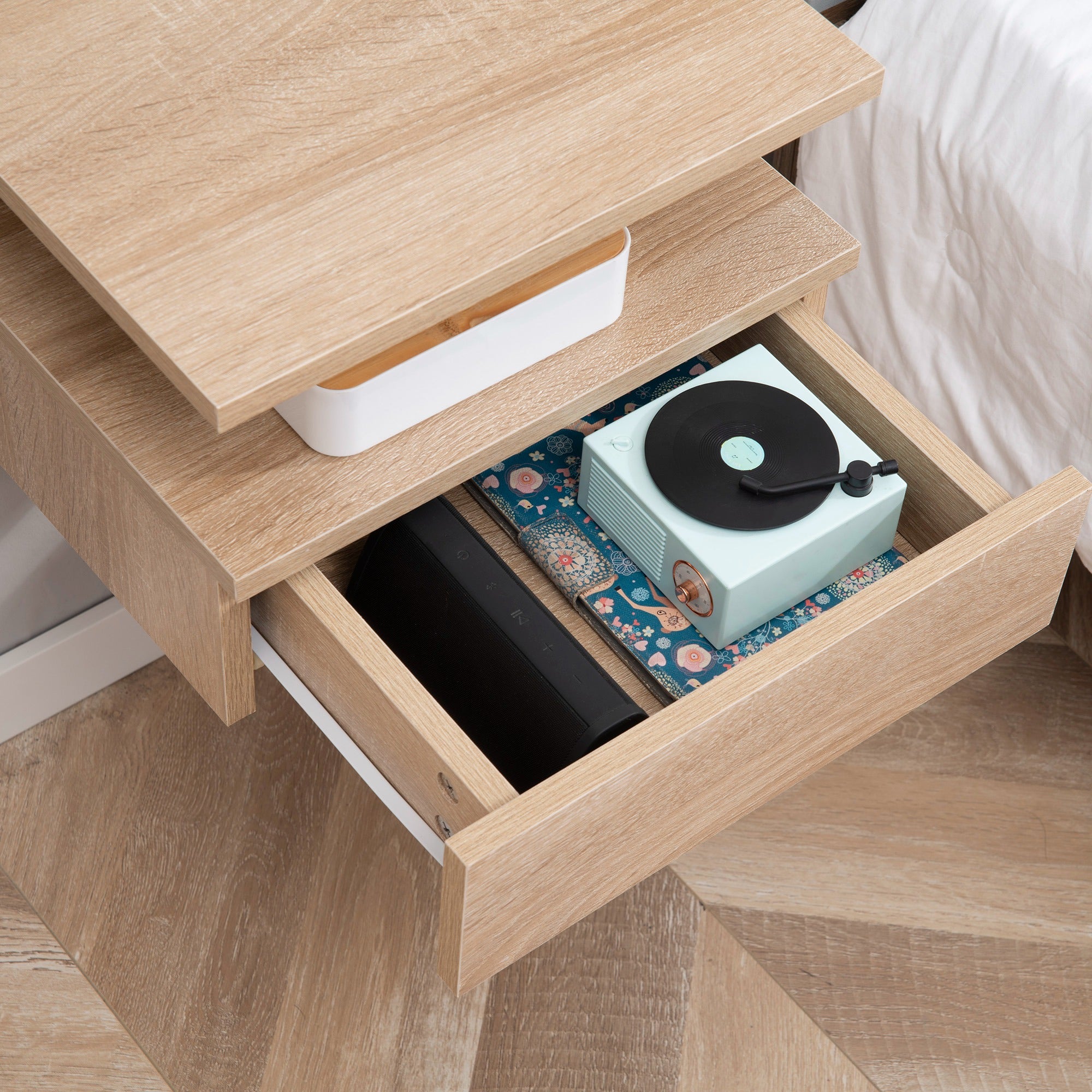 Set of 2 Floating Bedside Tables Hanging Nightstands with 1 Drawer and Open Shelf for Bedroom 35x32x22.5 cm Oak