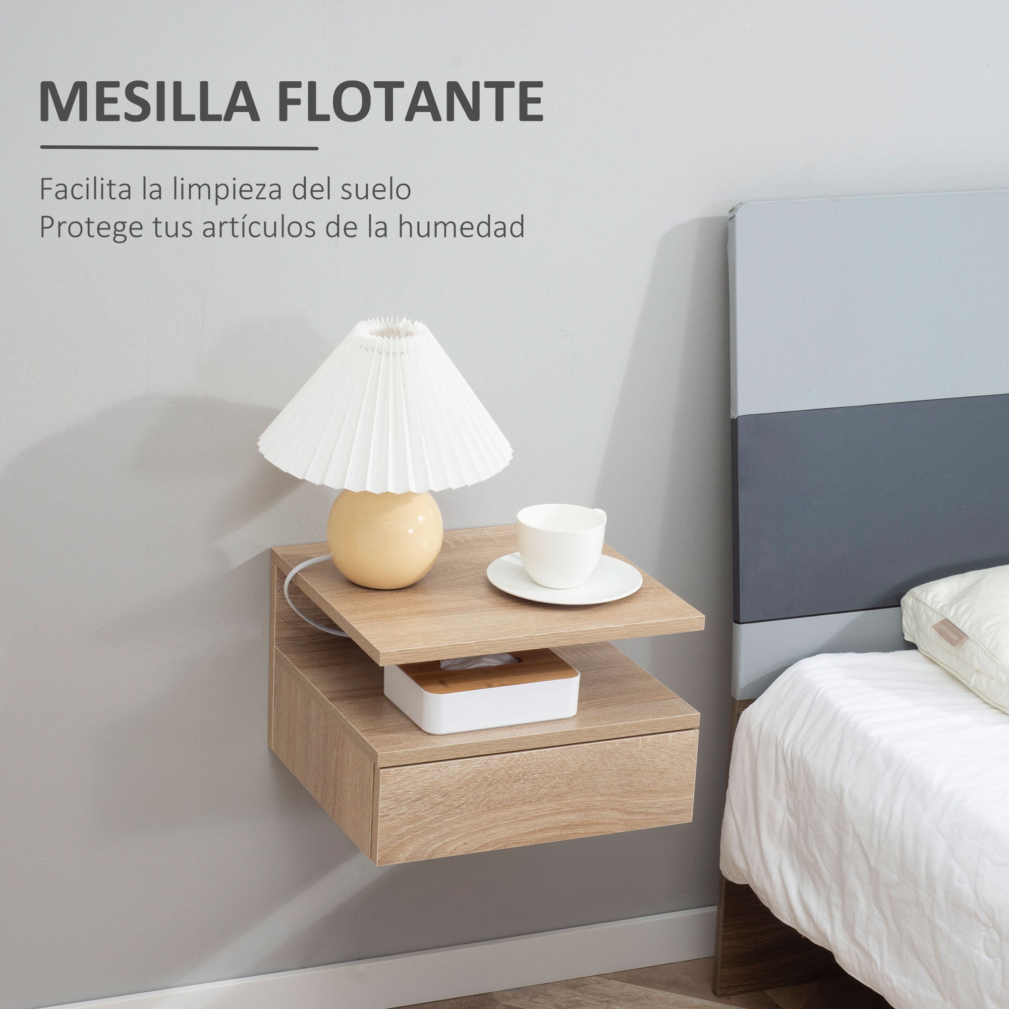 Set of 2 Floating Bedside Tables Hanging Nightstands with 1 Drawer and Open Shelf for Bedroom 35x32x22.5 cm Oak