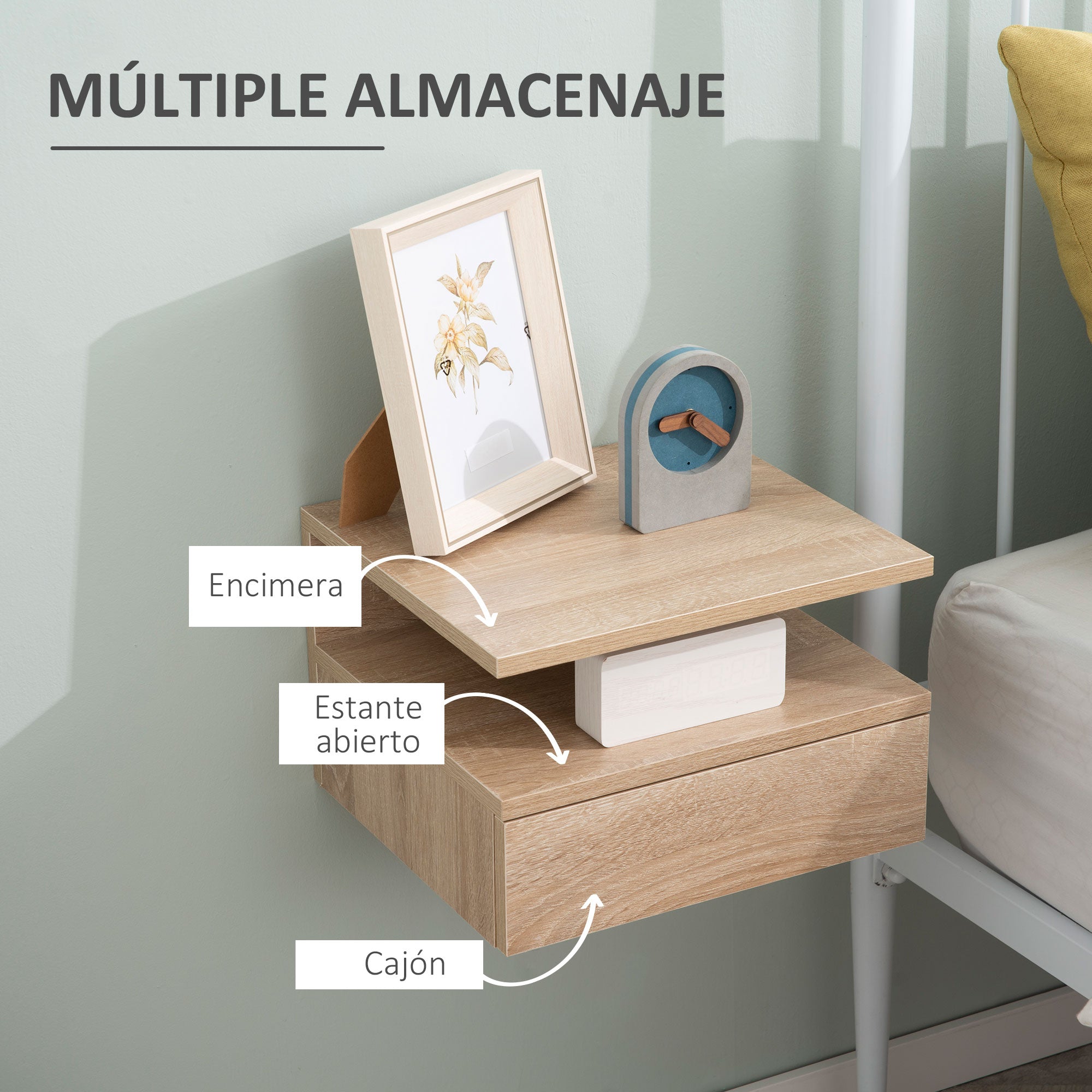 Set of 2 Floating Bedside Tables Hanging Nightstands with 1 Drawer and Open Shelf for Bedroom 35x32x22.5 cm Oak