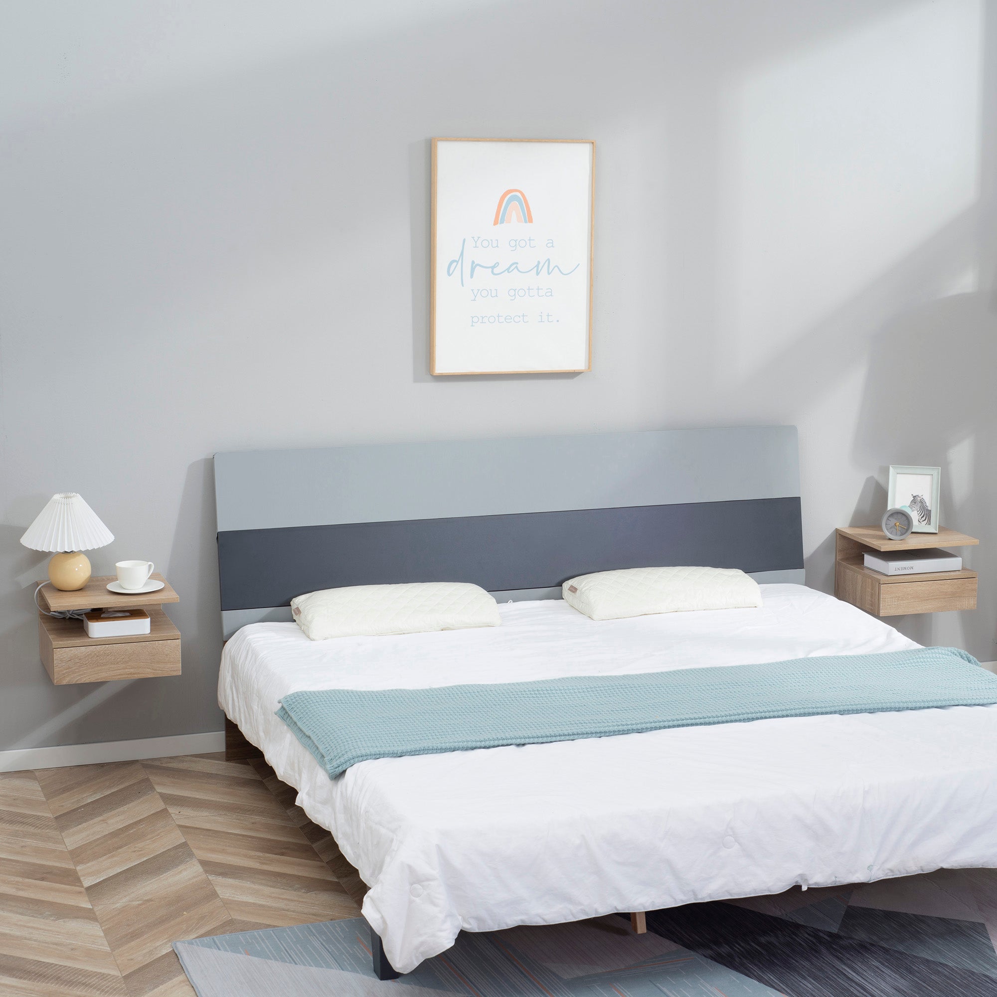 Set of 2 Floating Bedside Tables Hanging Nightstands with 1 Drawer and Open Shelf for Bedroom 35x32x22.5 cm Oak