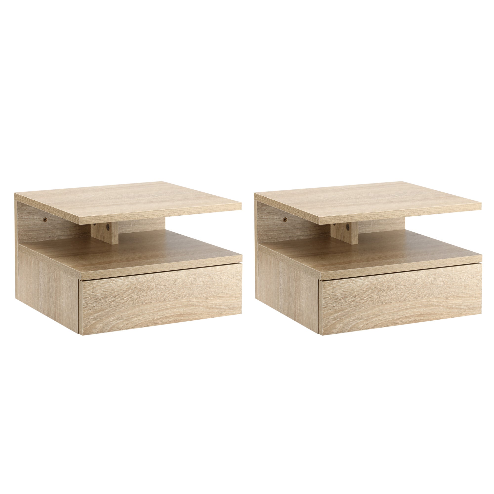 Set of 2 Floating Bedside Tables Hanging Nightstands with 1 Drawer and Open Shelf for Bedroom 35x32x22.5 cm Oak