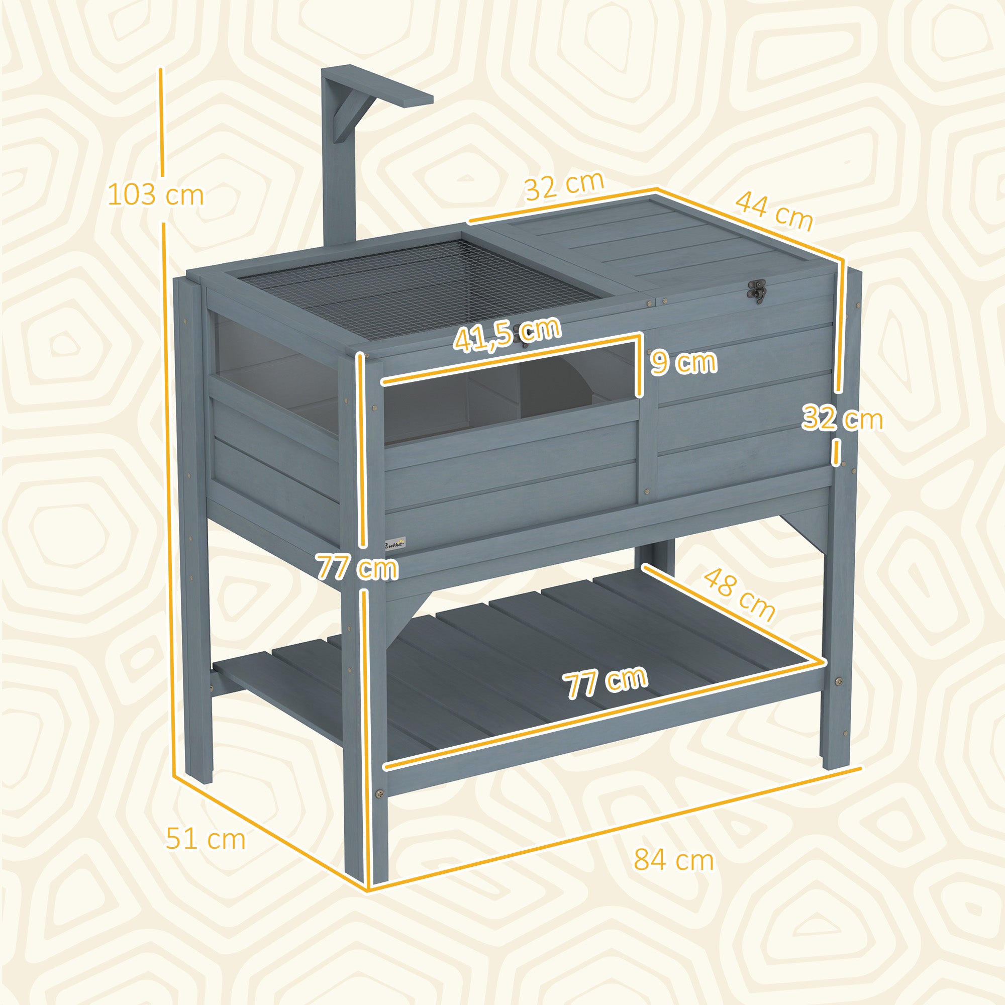 Turtle House Enclosure on Stand with Storage Shelf - Made of Fir Wood - Indoor and Outdoor - Dim. 103H x 84L x 51W cm Gray