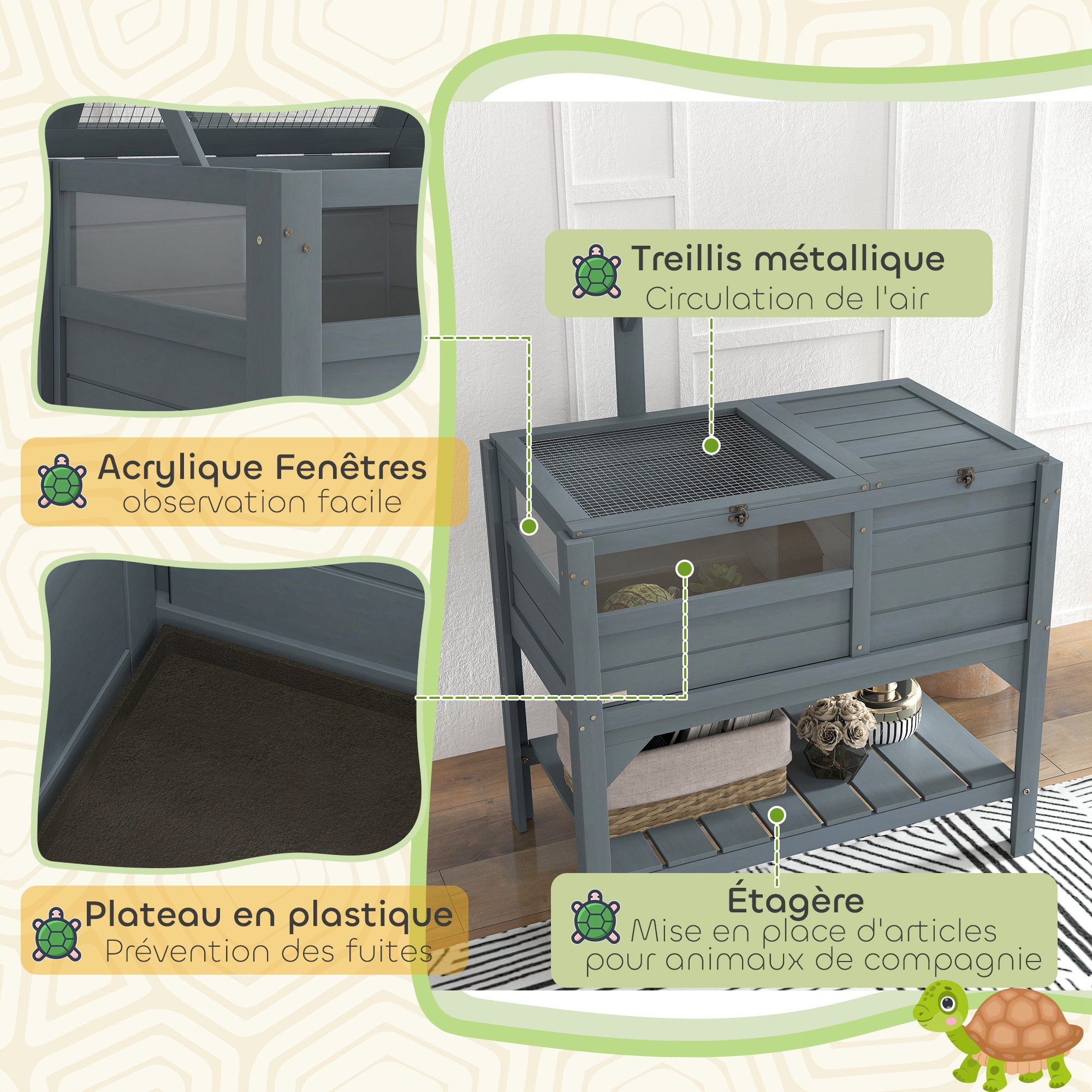Turtle House Enclosure on Stand with Storage Shelf - Made of Fir Wood - Indoor and Outdoor - Dim. 103H x 84L x 51W cm Gray
