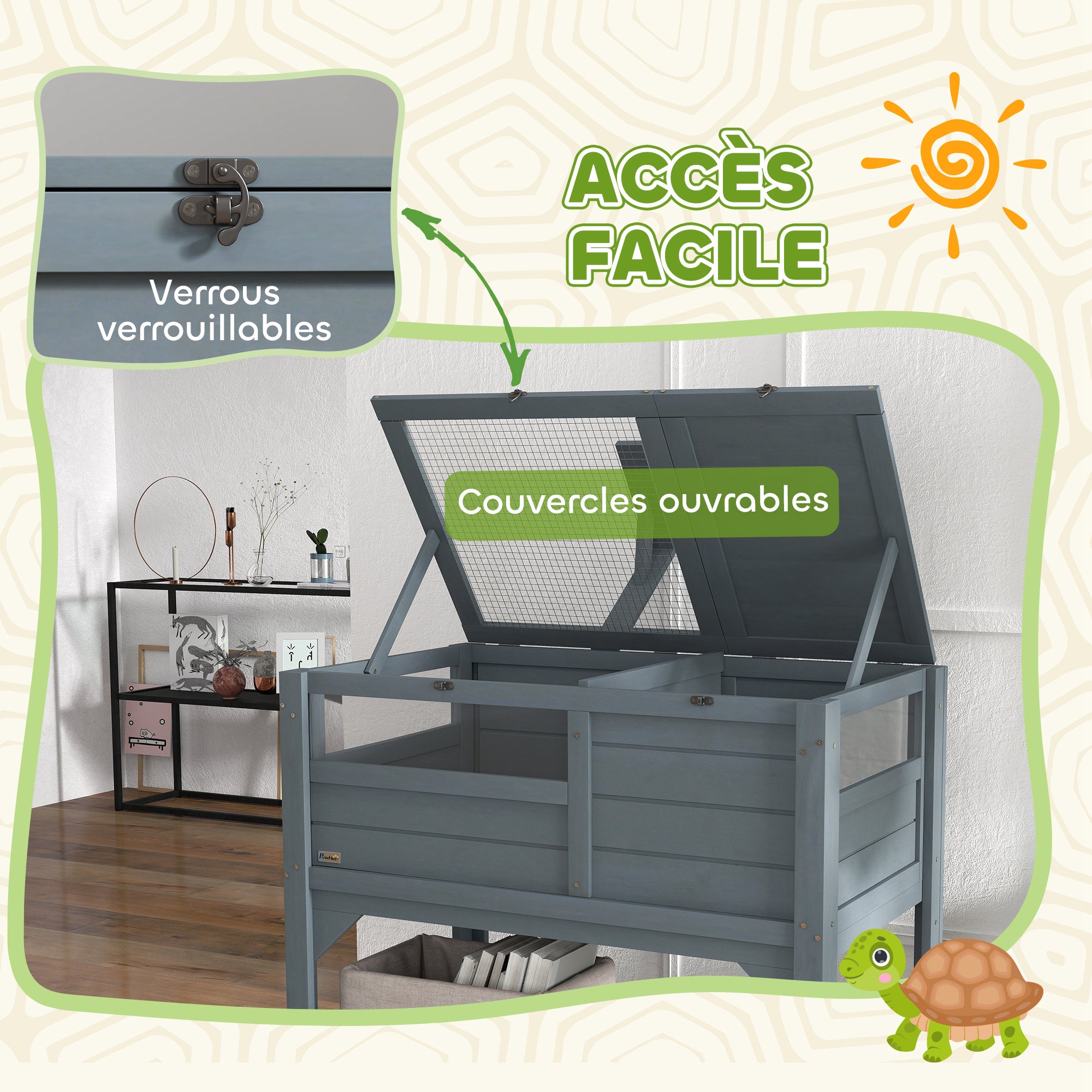 Turtle House Enclosure on Stand with Storage Shelf - Made of Fir Wood - Indoor and Outdoor - Dim. 103H x 84L x 51W cm Gray