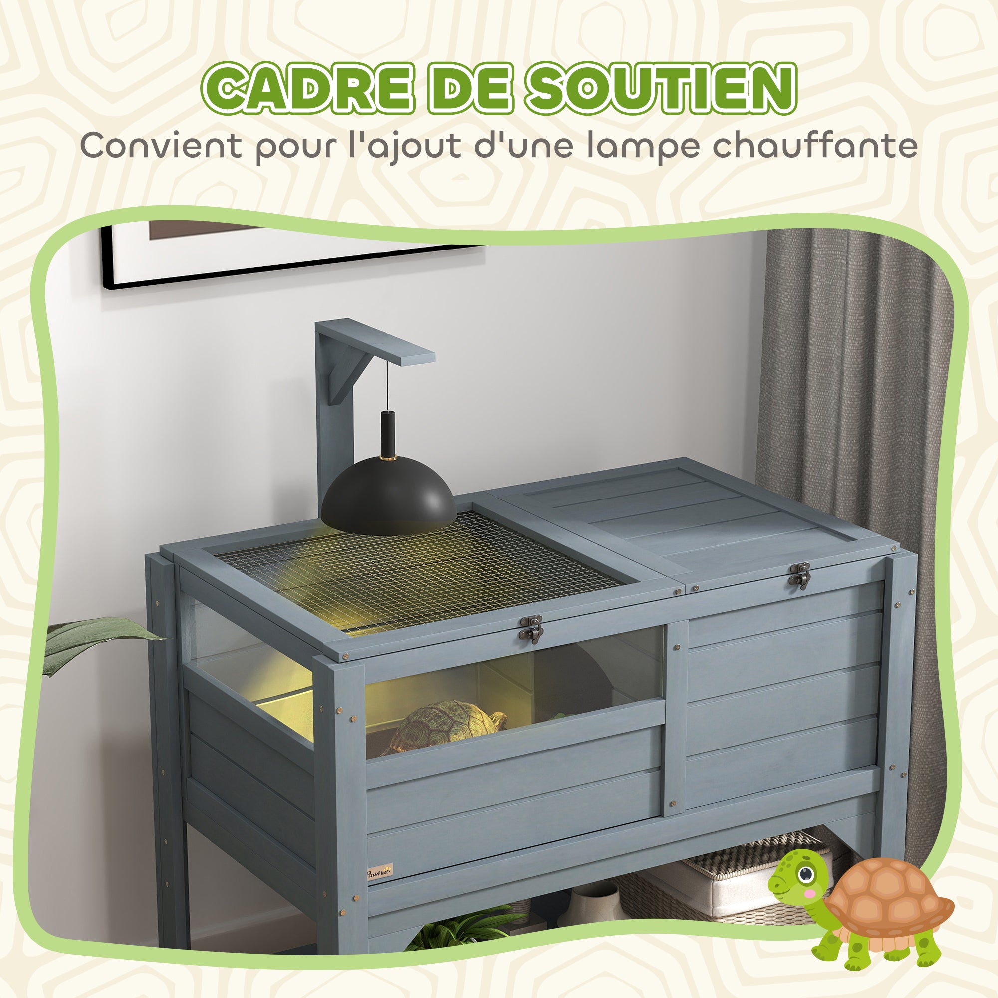 Turtle House Enclosure on Stand with Storage Shelf - Made of Fir Wood - Indoor and Outdoor - Dim. 103H x 84L x 51W cm Gray