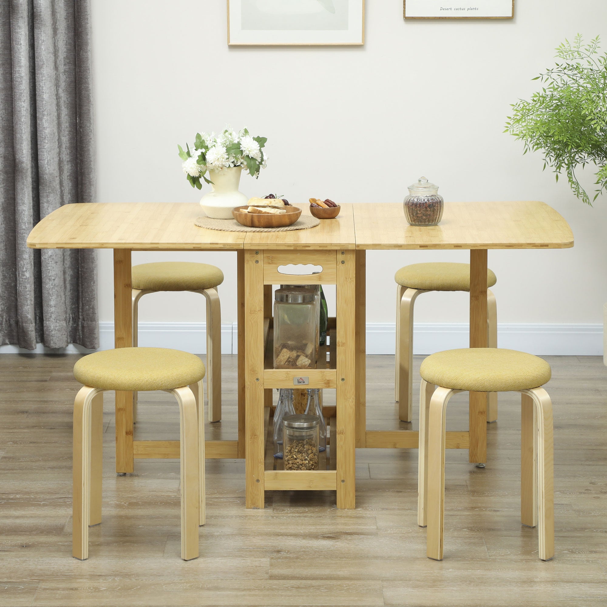 Set of 4 Stackable Round Kitchen Low Stools with Padded Seat for Dining Room Bedroom Office Living Room Yellow and Natural