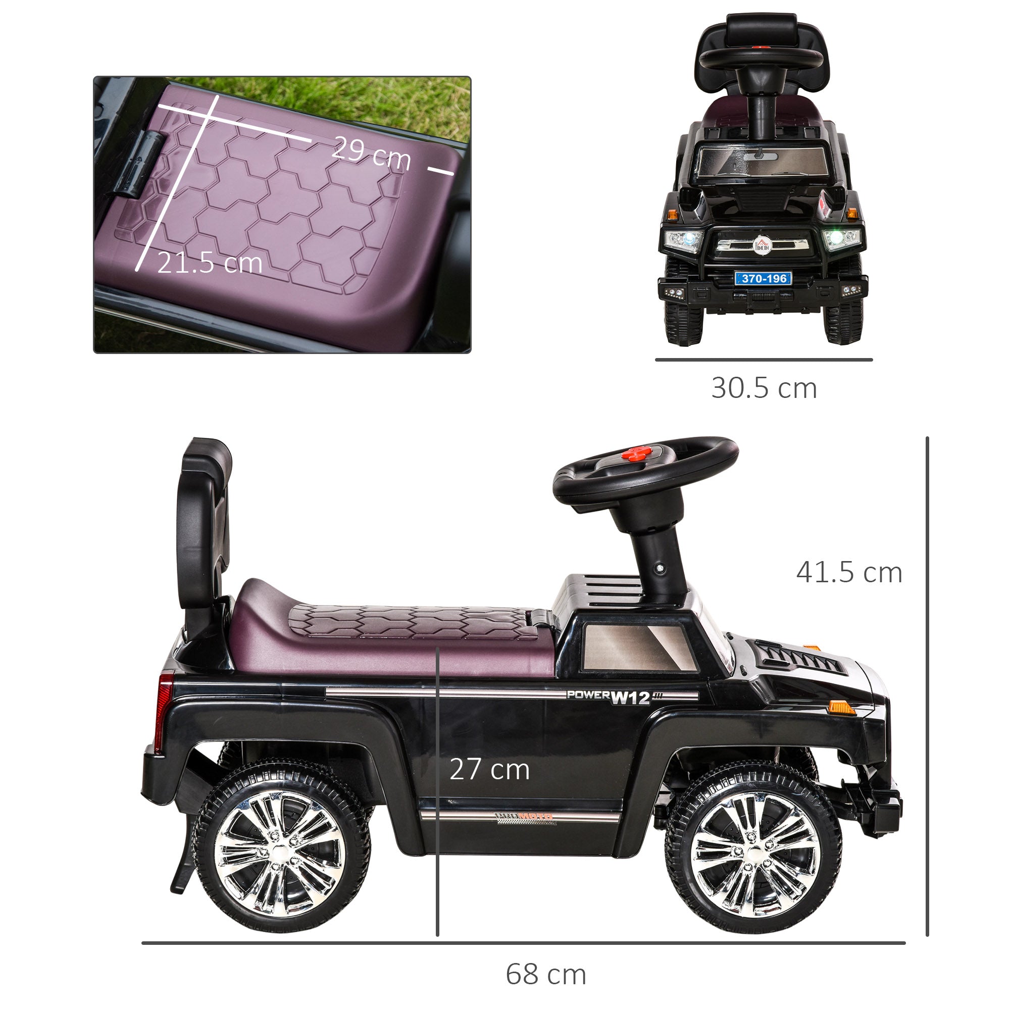 Off-Road Ride-On Toy Car for Children, Kids Car with Lights and Music, Age 18-36 Months, 68x30.5x41.5cm, Black