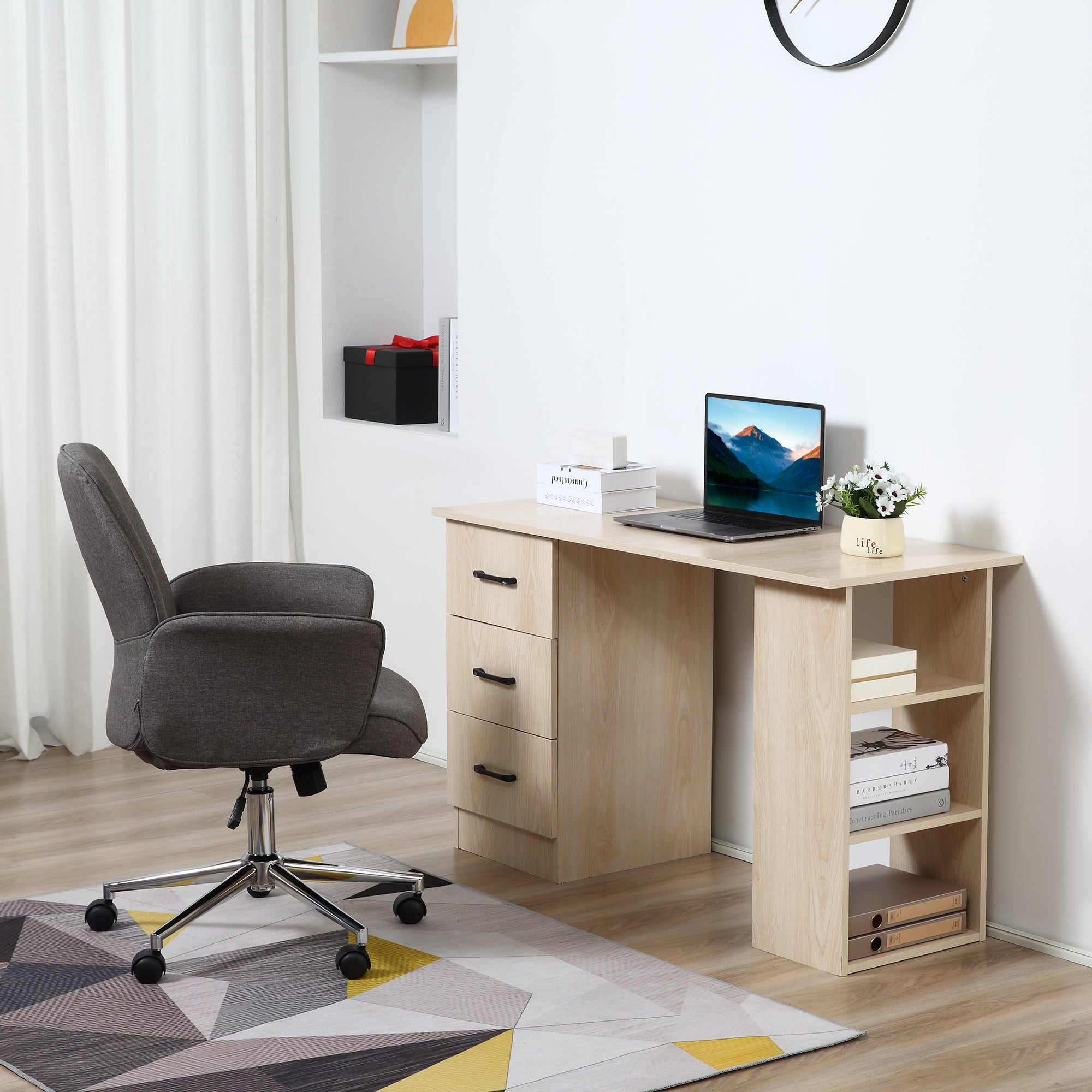 Desk with Storage, Computer Table 120 x 50 cm, Computer Desk with Shelves and Drawers, for Small Spaces, Bedroom, Natural Wood