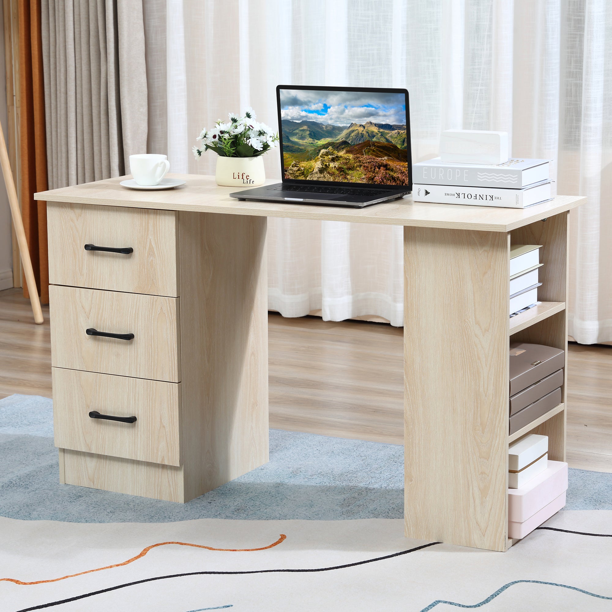 Desk with Storage, Computer Table 120 x 50 cm, Computer Desk with Shelves and Drawers, for Small Spaces, Bedroom, Natural Wood