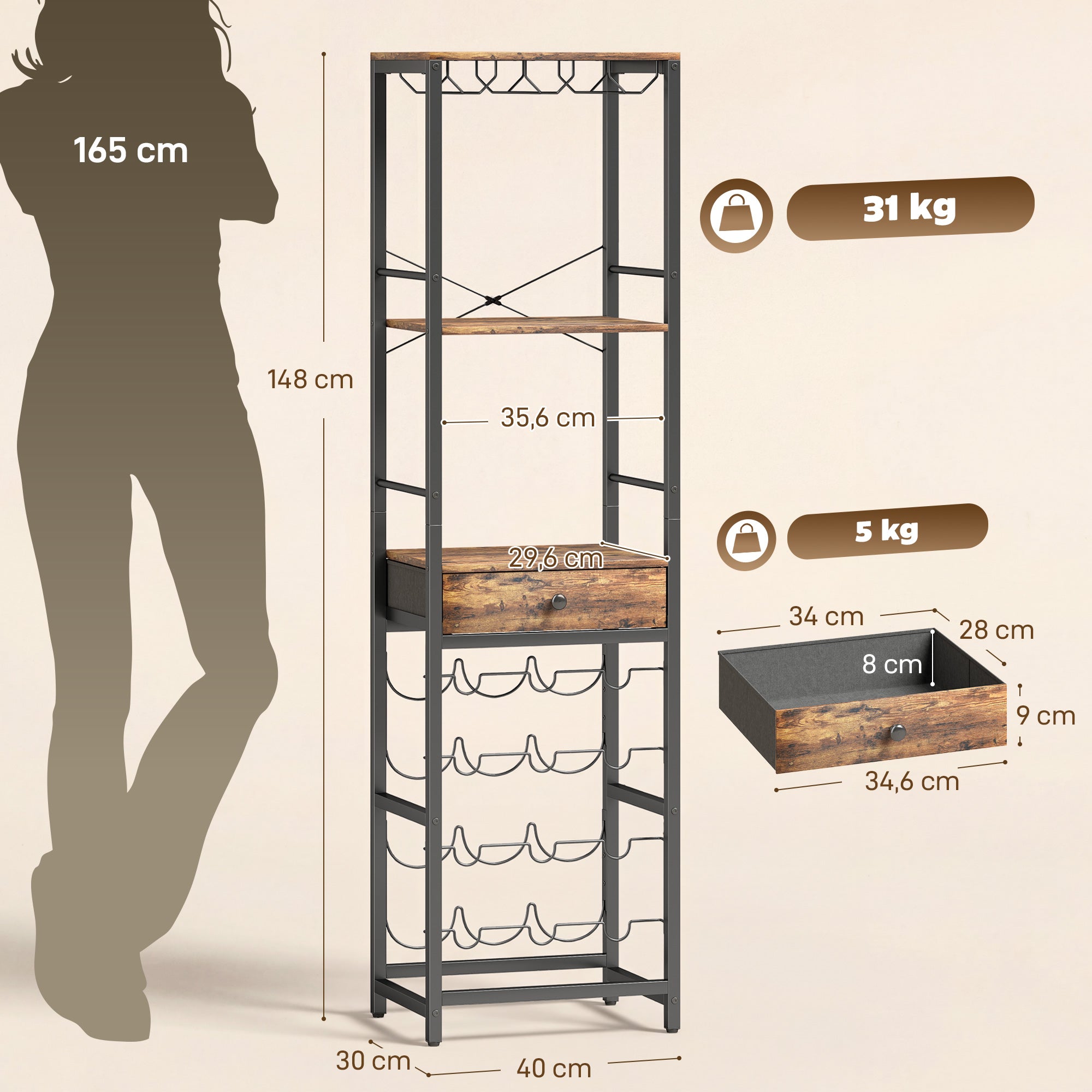 12-Bottle Wine Rack with Open Shelf and Drawer, Industrial Metal Wine Shelf for Kitchen, Living Room, Bar — 15.7 x 11.8 x 58.3 in (40 x 30 x 148 cm), Rustic Brown